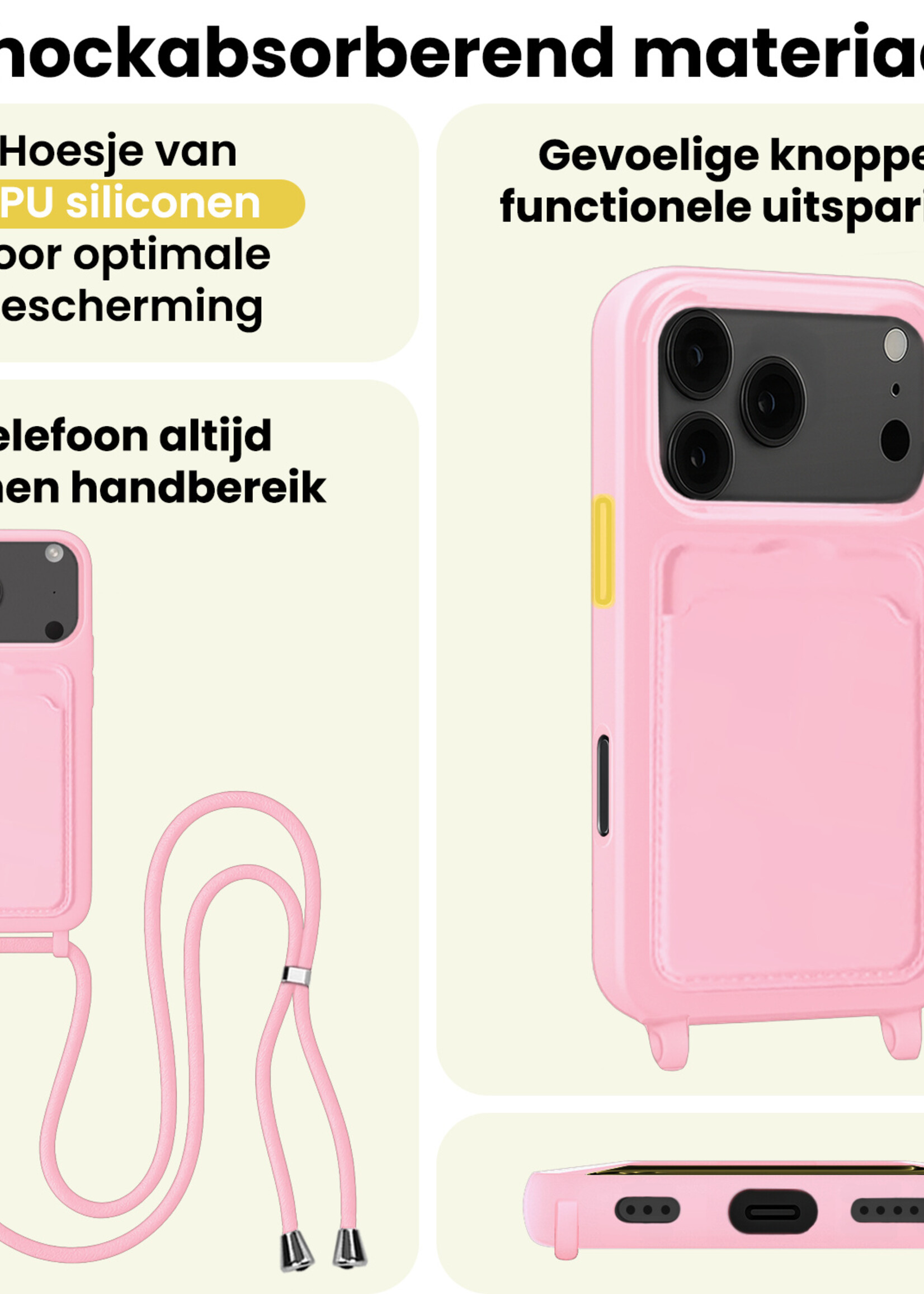 LUQ LUQ iPhone 17 Pro Hoesje Pashouder met Koord - Lichtroze