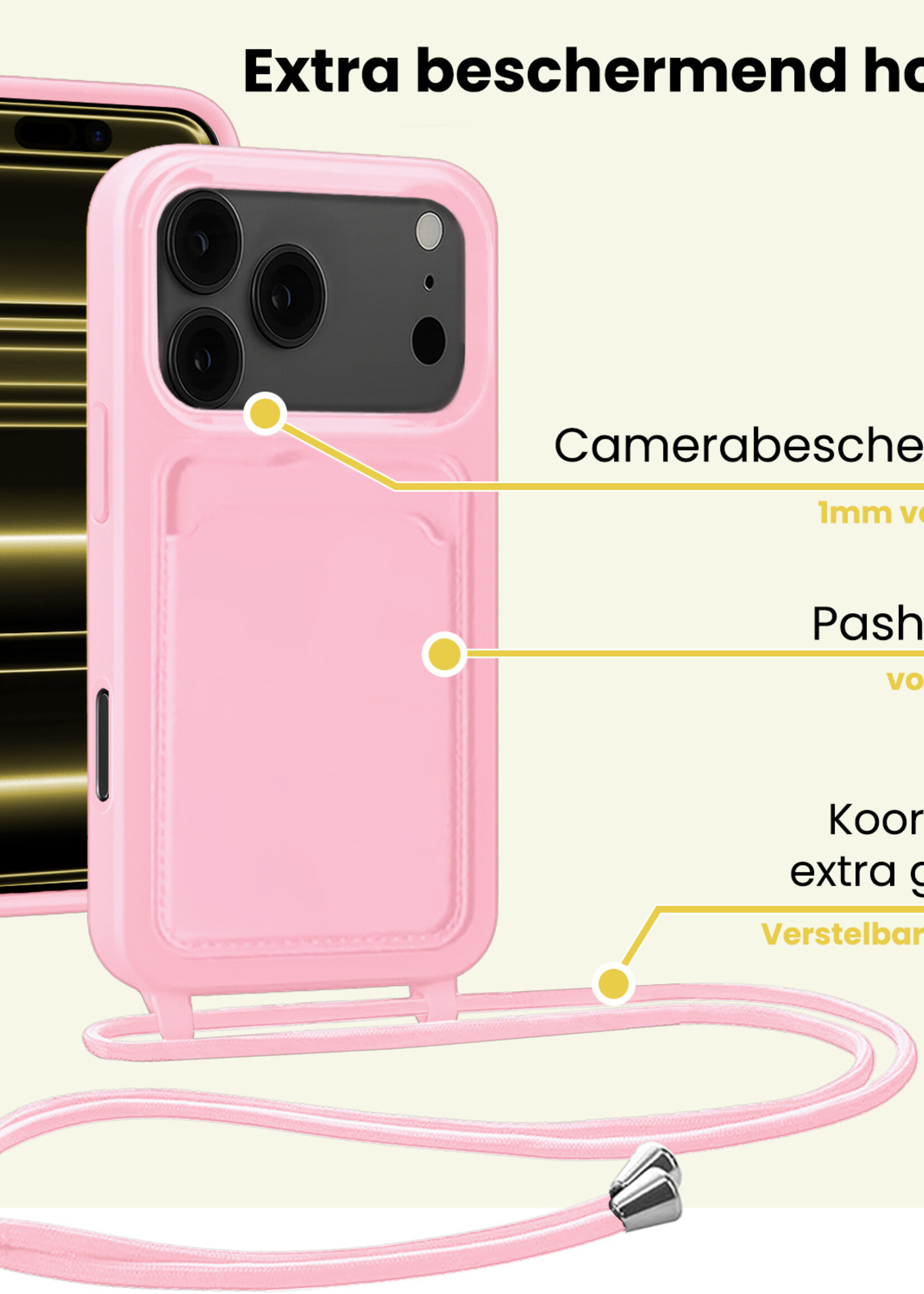 LUQ LUQ iPhone 17 Pro Hoesje Pashouder met Koord - Lichtroze - 2 PACK