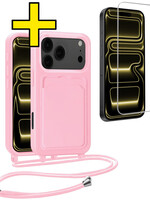 LUQ LUQ iPhone 17 Pro Hoesje Pashouder met Koord Met Screenprotector - Lichtroze