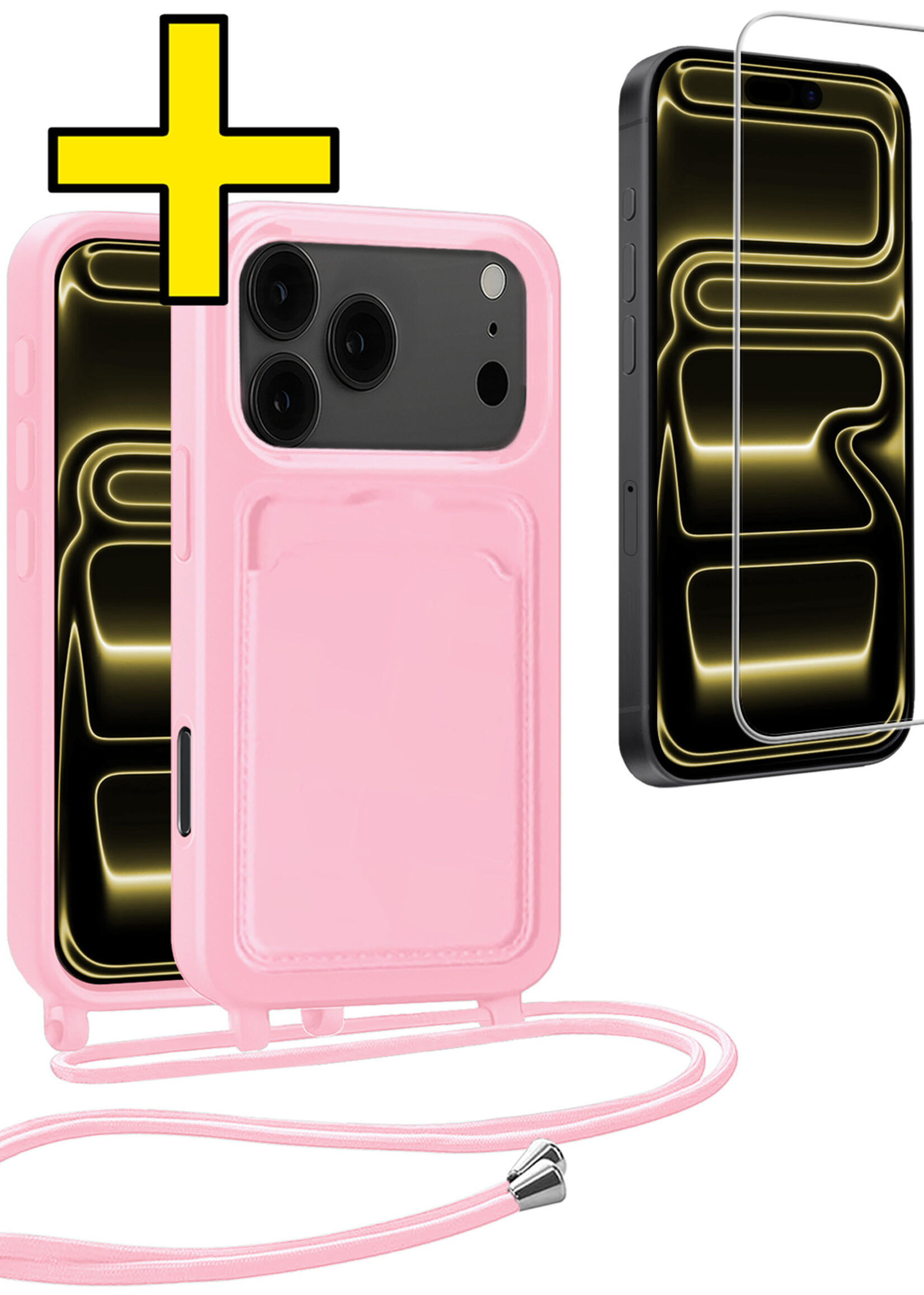 LUQ LUQ iPhone 17 Pro Hoesje Pashouder met Koord Met Screenprotector - Lichtroze