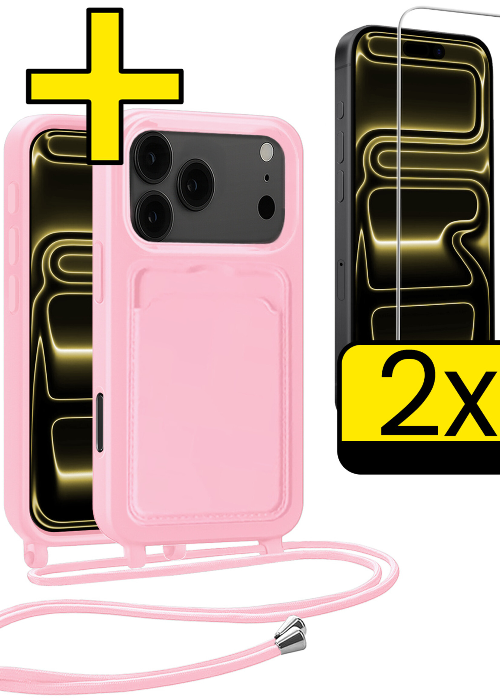 LUQ LUQ iPhone 17 Pro Hoesje Pashouder met Koord Met 2x Screenprotector - Lichtroze