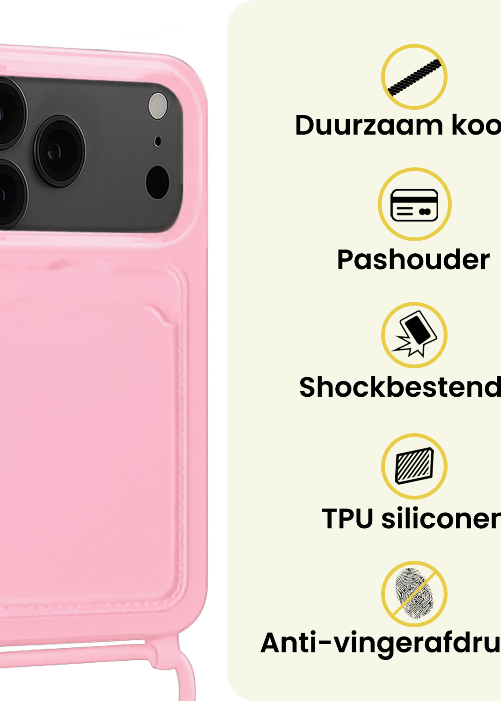 LUQ LUQ iPhone 17 Pro Hoesje Pashouder met Koord Met 2x Screenprotector - Lichtroze