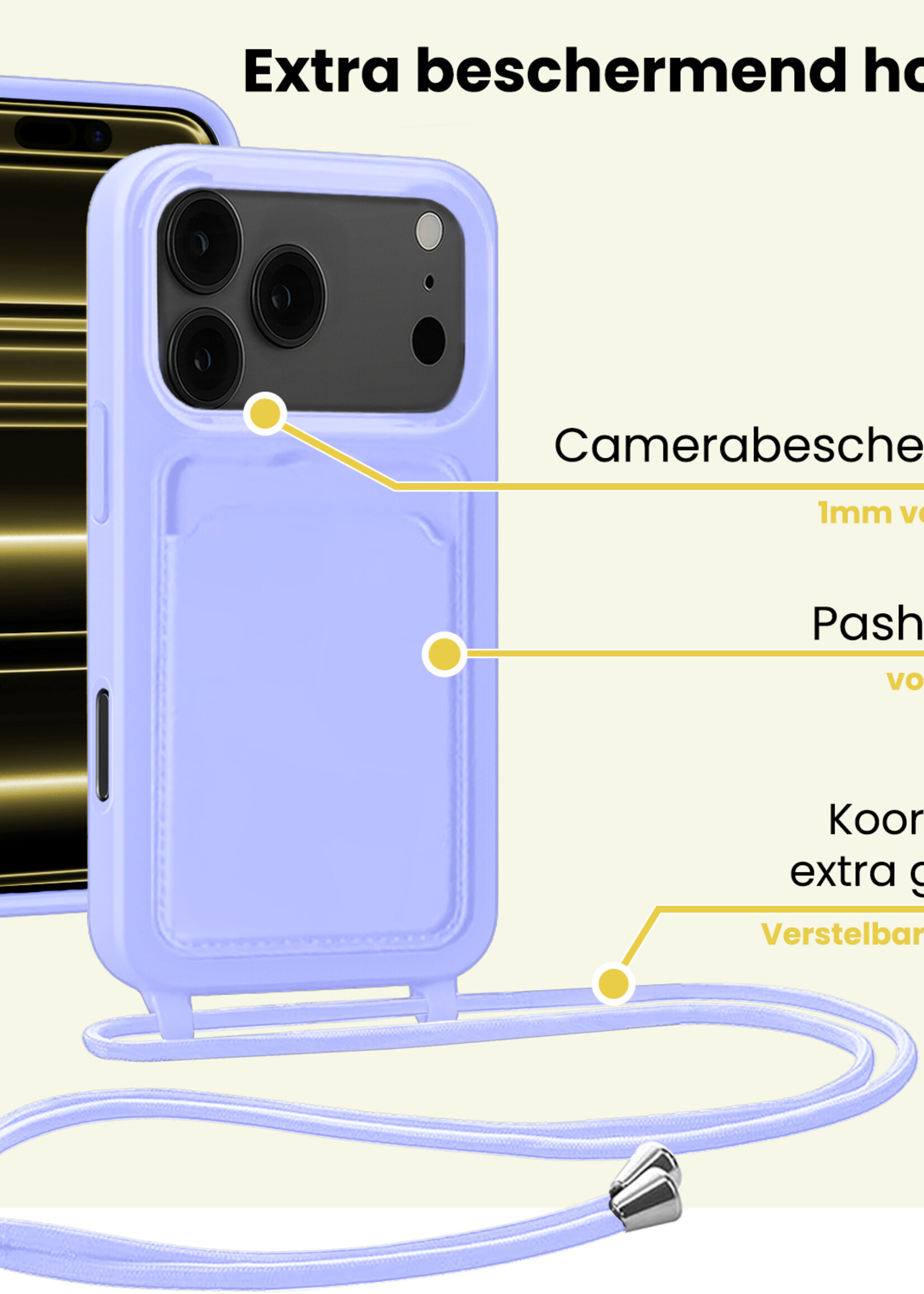 LUQ LUQ iPhone 17 Pro Hoesje Pashouder met Koord Met Screenprotector - Lila