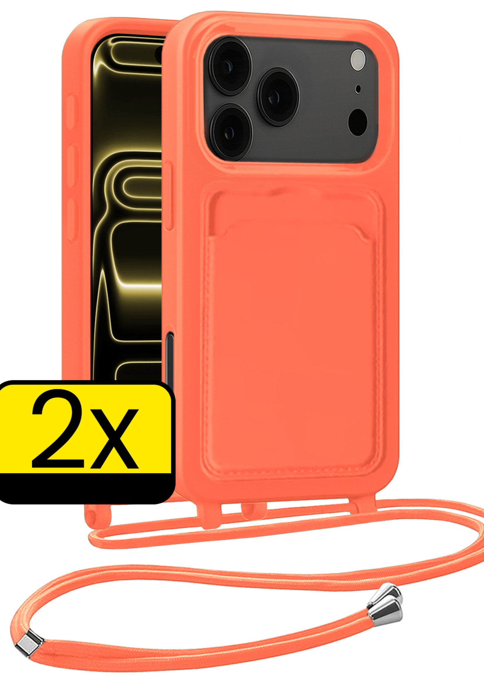 LUQ LUQ iPhone 17 Pro Hoesje Pashouder met Koord - Papaya - 2 PACK
