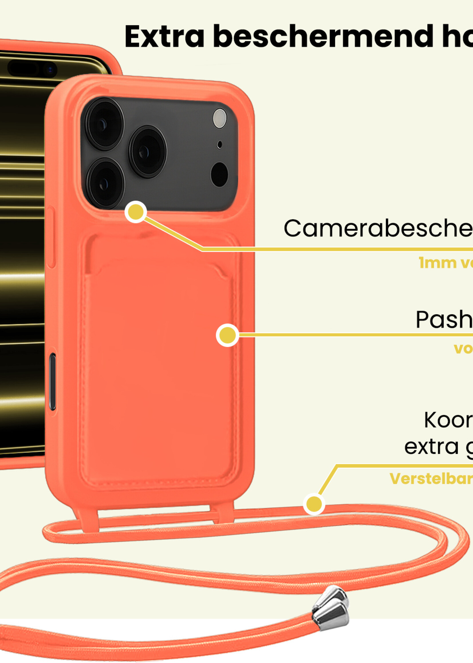 LUQ LUQ iPhone 17 Pro Hoesje Pashouder met Koord - Papaya - 2 PACK