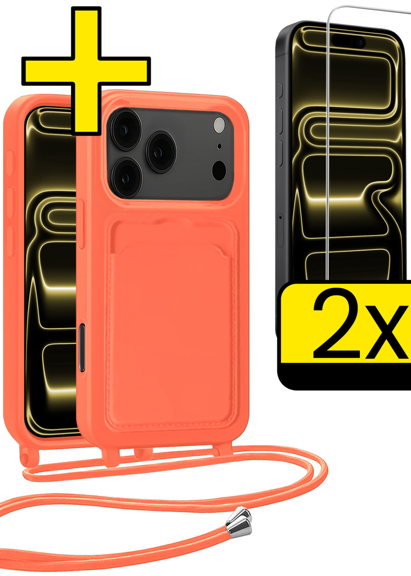 LUQ LUQ iPhone 17 Pro Hoesje Pashouder met Koord Met 2x Screenprotector - Papaya