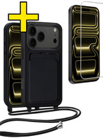 LUQ LUQ iPhone 17 Pro Hoesje Pashouder met Koord Met Screenprotector - Zwart