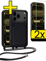 LUQ LUQ iPhone 17 Pro Hoesje Pashouder met Koord Met 2x Screenprotector - Zwart