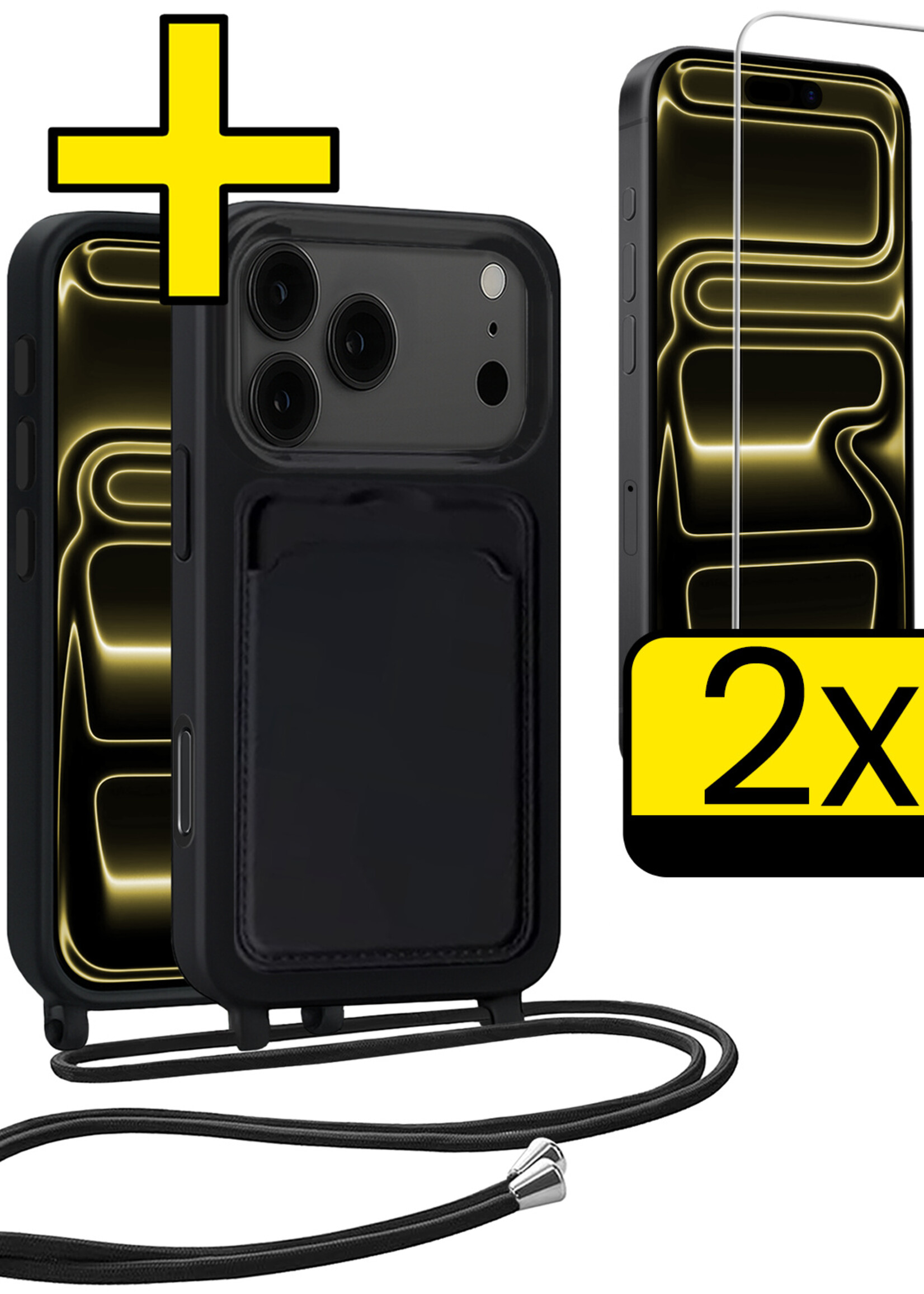 LUQ LUQ iPhone 17 Pro Hoesje Pashouder met Koord Met 2x Screenprotector - Zwart