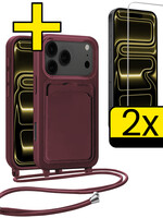 LUQ LUQ iPhone 17 Pro Max Hoesje Pashouder met Koord Met 2x Screenprotector - Aubergine