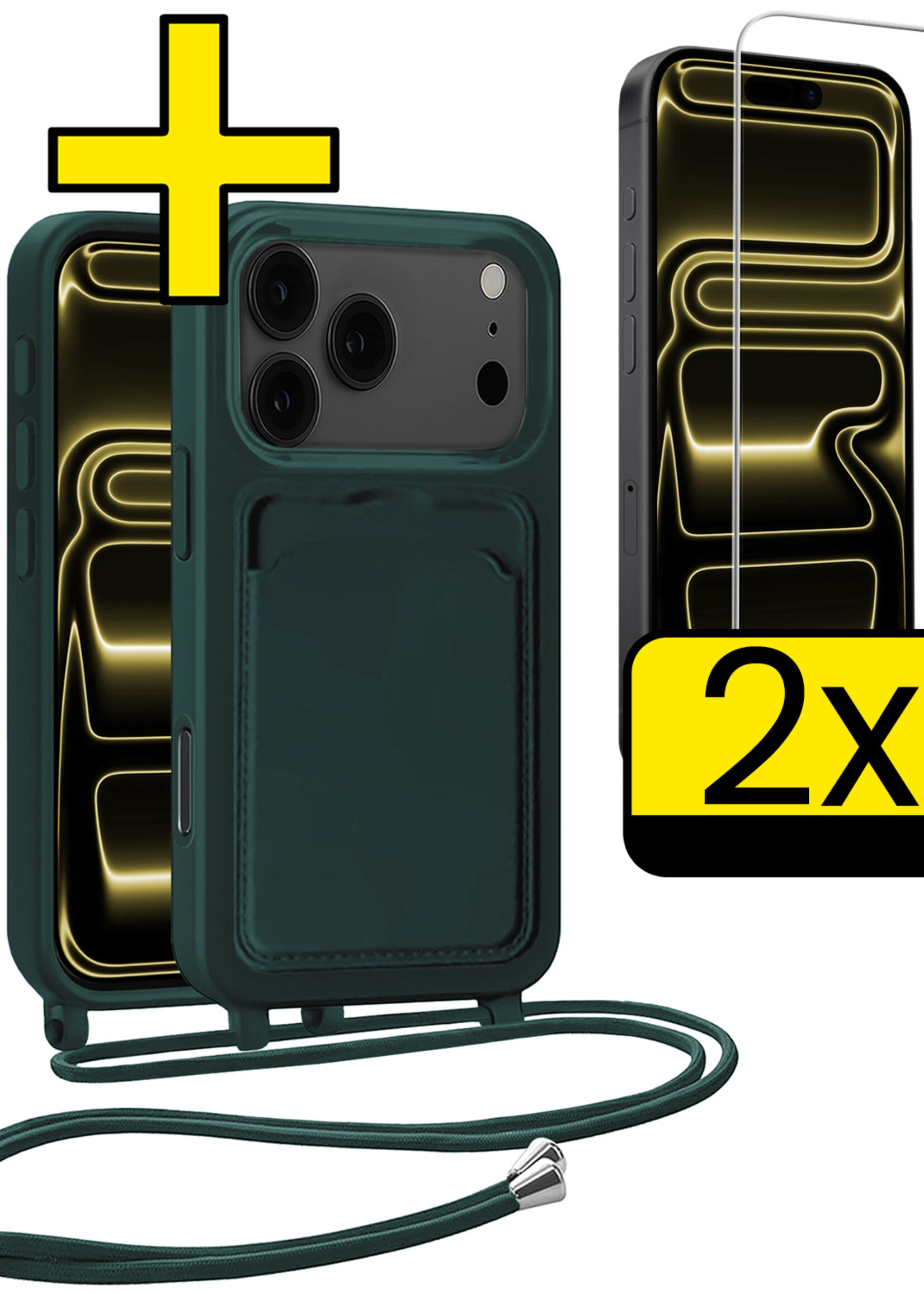 LUQ LUQ iPhone 17 Pro Max Hoesje Pashouder met Koord Met 2x Screenprotector - Donkergroen
