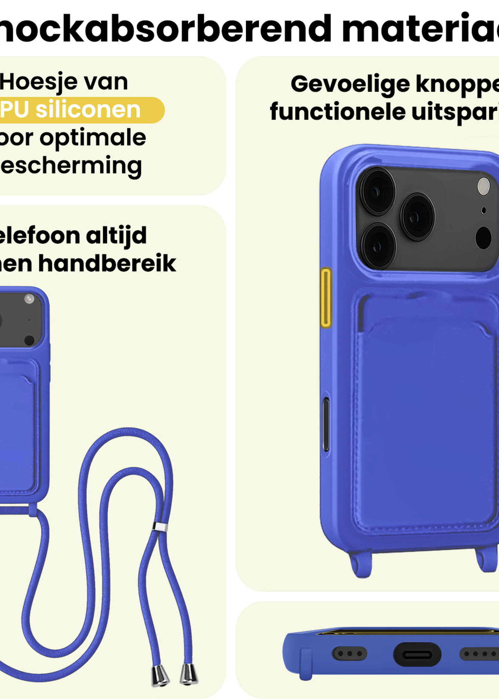 LUQ LUQ iPhone 17 Pro Max Hoesje Pashouder met Koord - Fel Blauw - 2 PACK