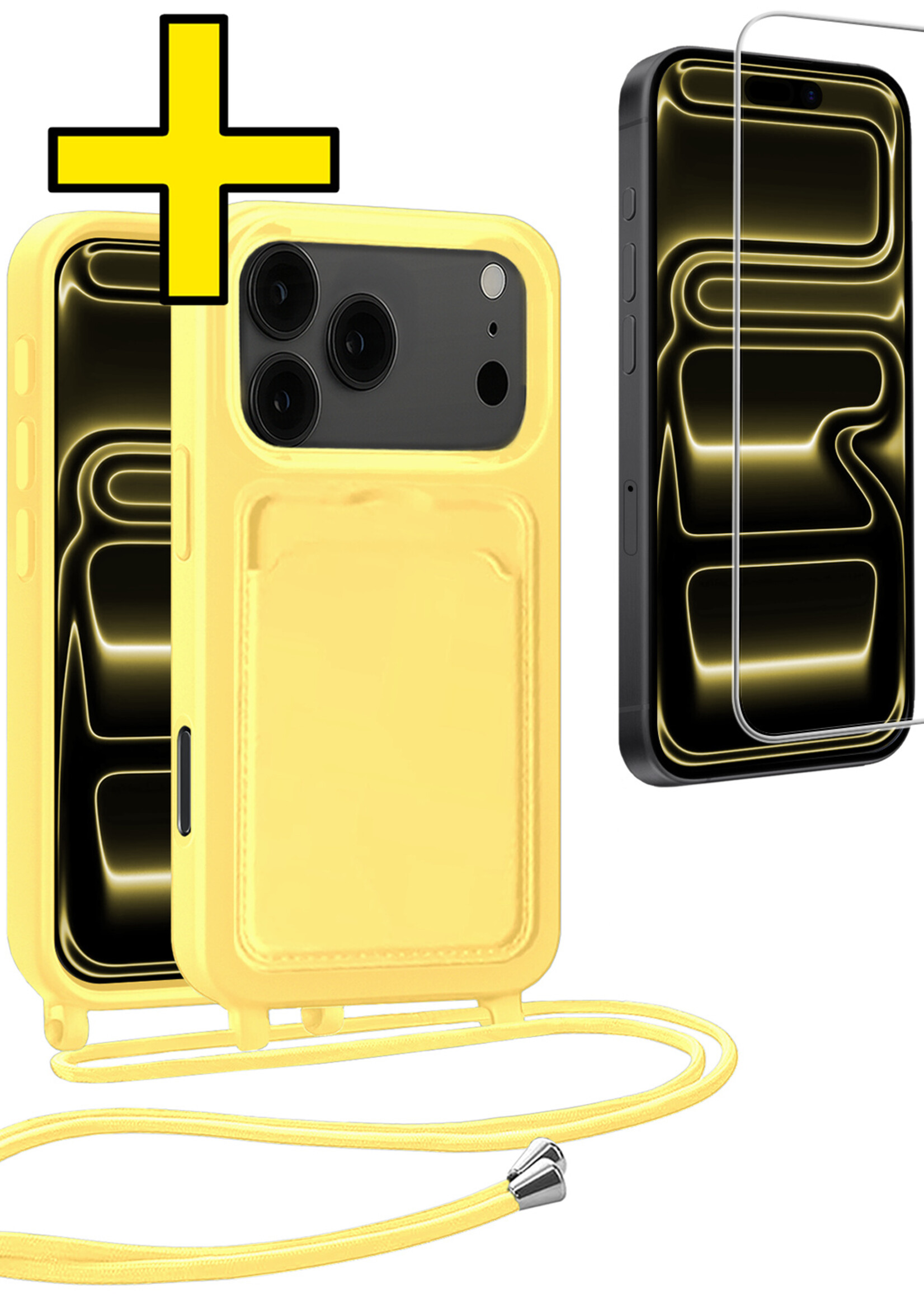 LUQ LUQ iPhone 17 Pro Max Hoesje Pashouder met Koord Met Screenprotector - Geel