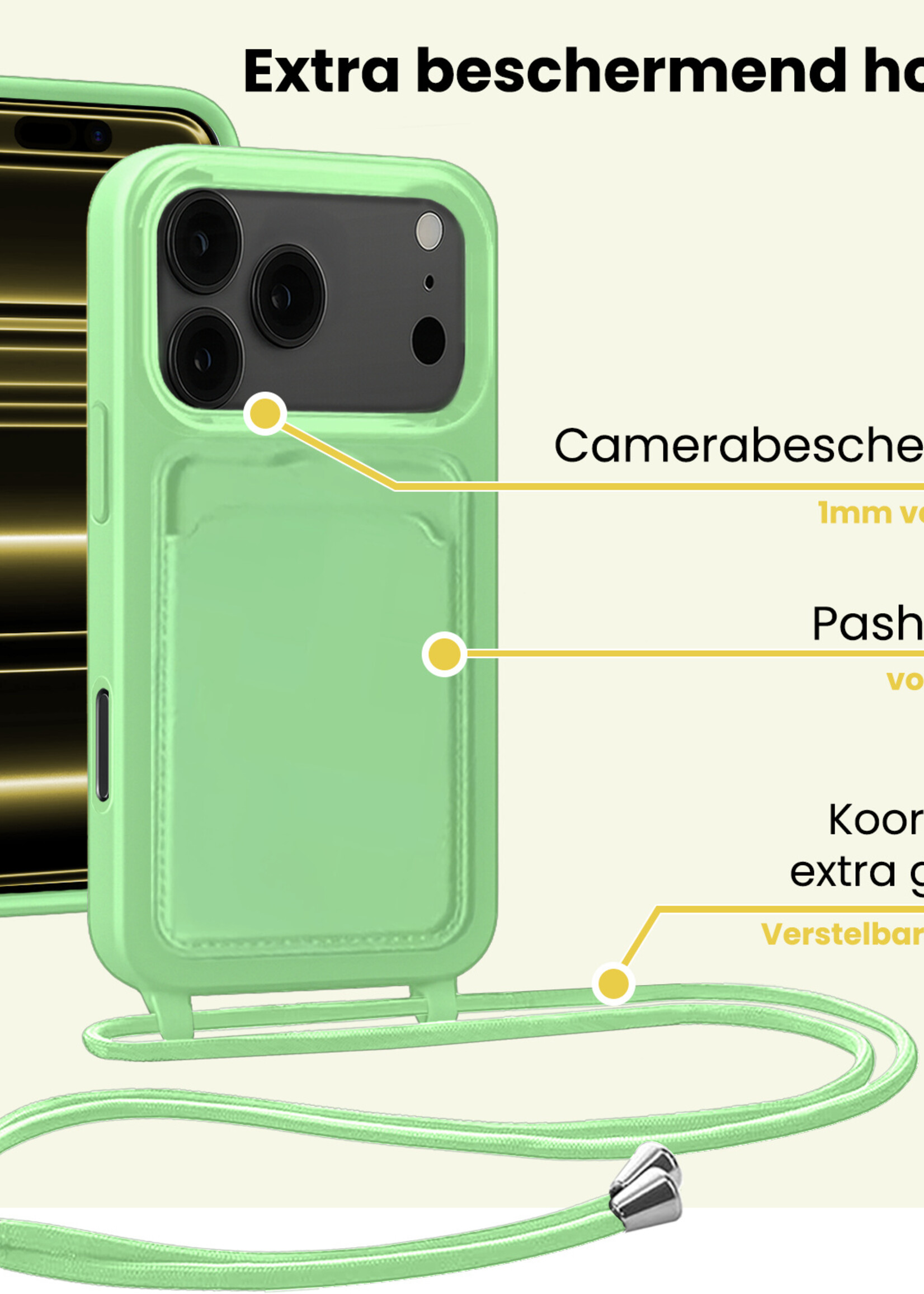 LUQ LUQ iPhone 17 Pro Max Hoesje Pashouder met Koord Met Screenprotector - Groen