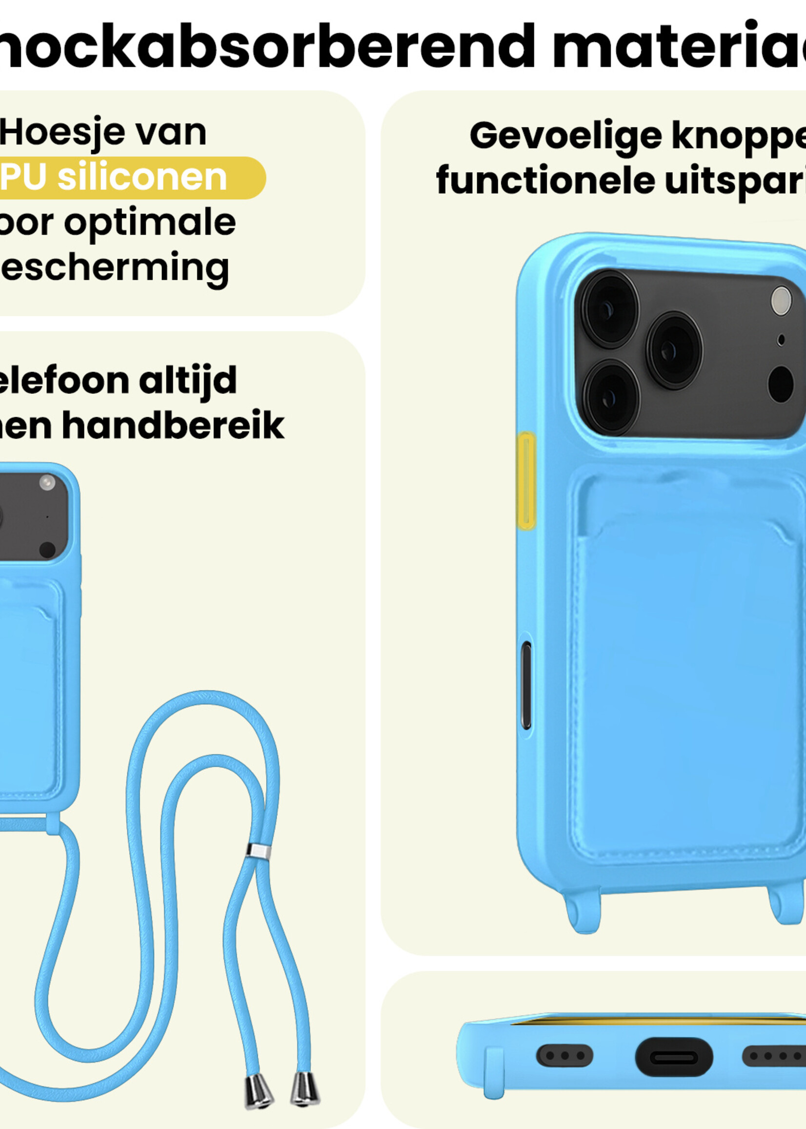 LUQ LUQ iPhone 17 Pro Max Hoesje Pashouder met Koord Met Screenprotector - Lichtblauw