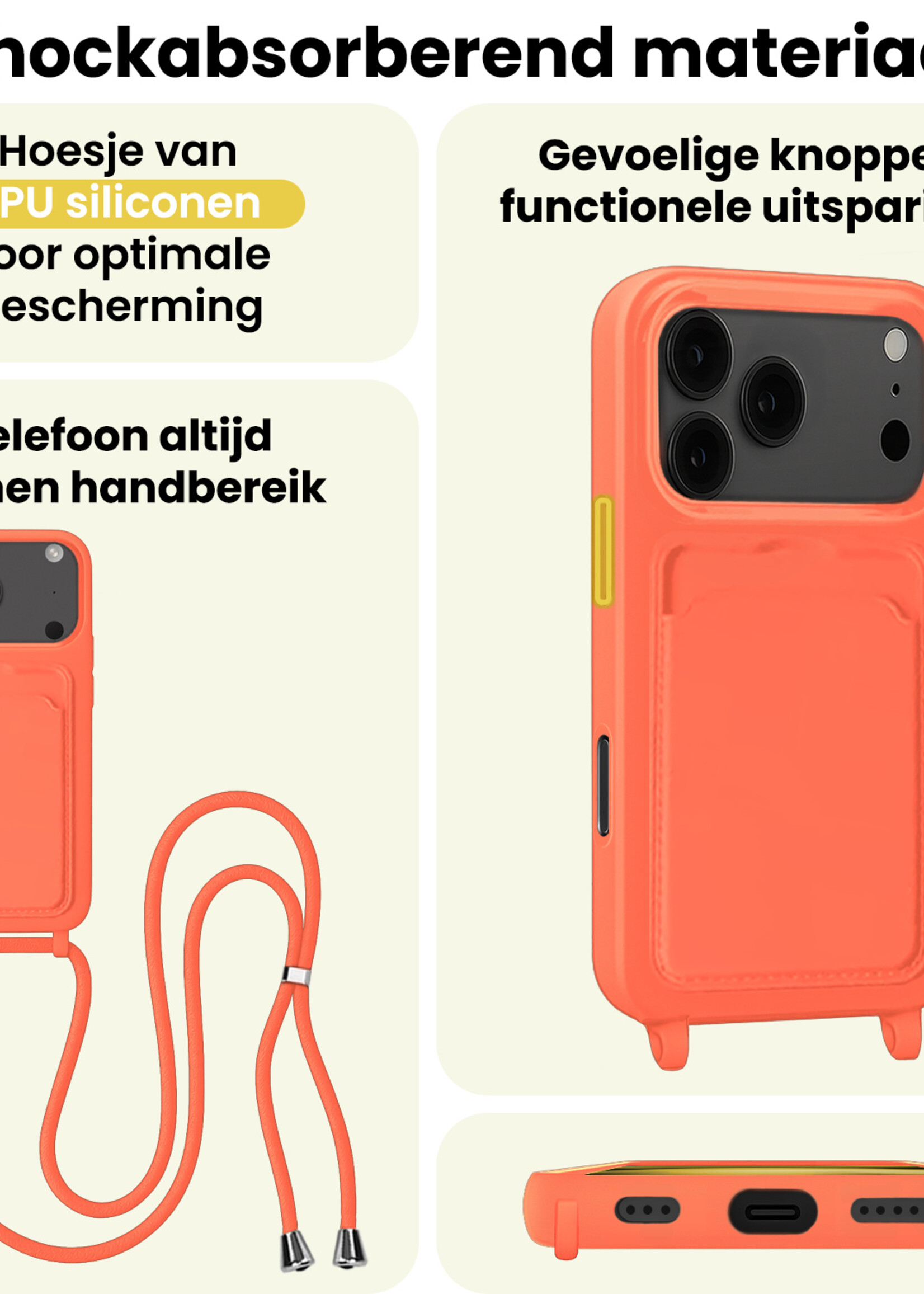 LUQ LUQ iPhone 17 Pro Max Hoesje Pashouder met Koord - Papaya - 2 PACK