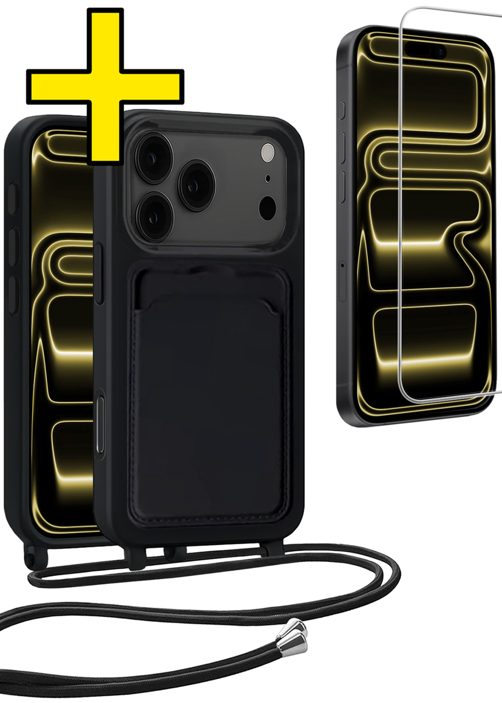 LUQ LUQ iPhone 17 Pro Max Hoesje Pashouder met Koord Met Screenprotector - Zwart