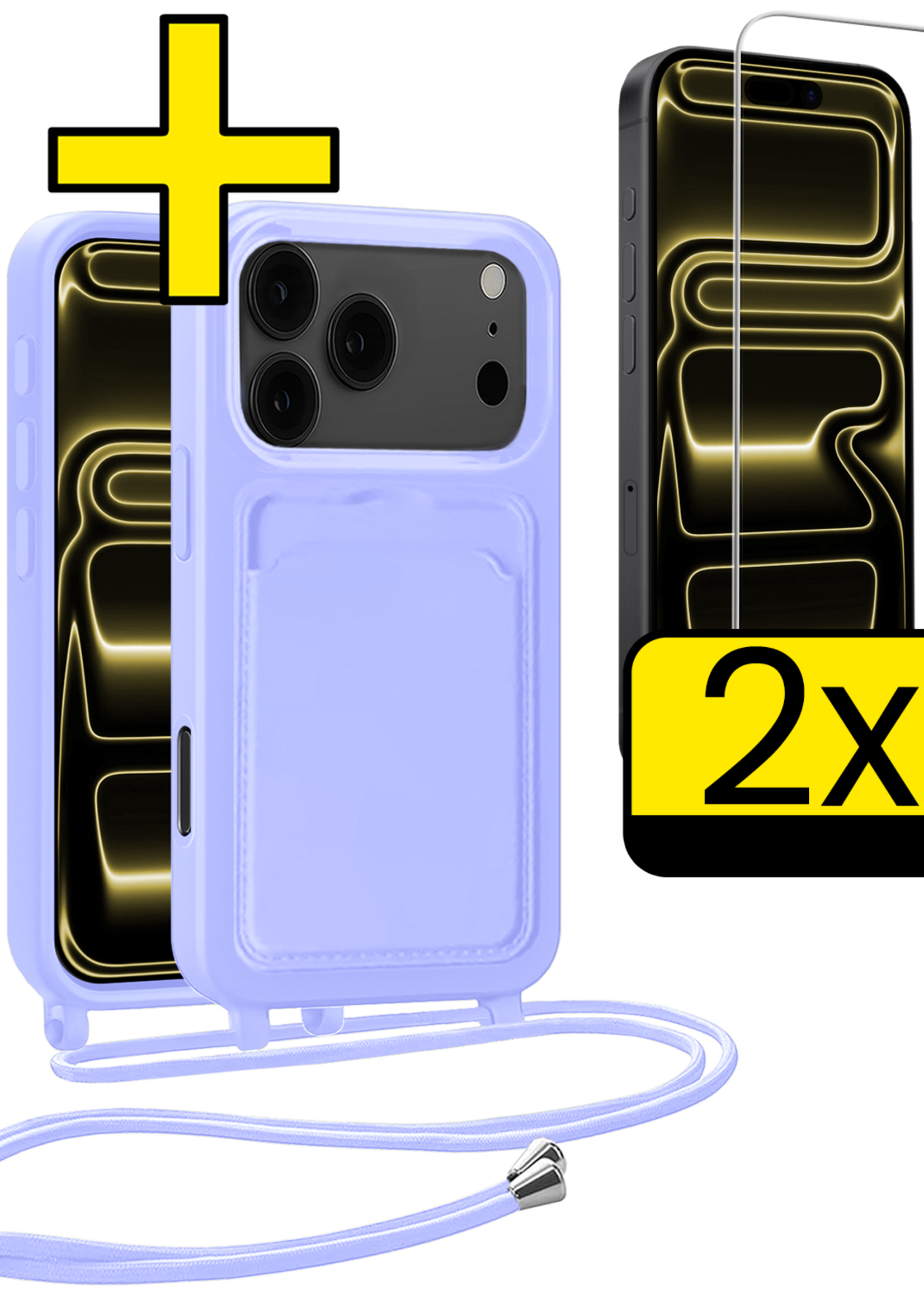 LUQ LUQ iPhone 17 Pro Max Hoesje Pashouder met Koord Met 2x Screenprotector - Lila