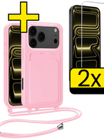 LUQ LUQ iPhone 17 Pro Max Hoesje Pashouder met Koord Met 2x Screenprotector - Lichtroze