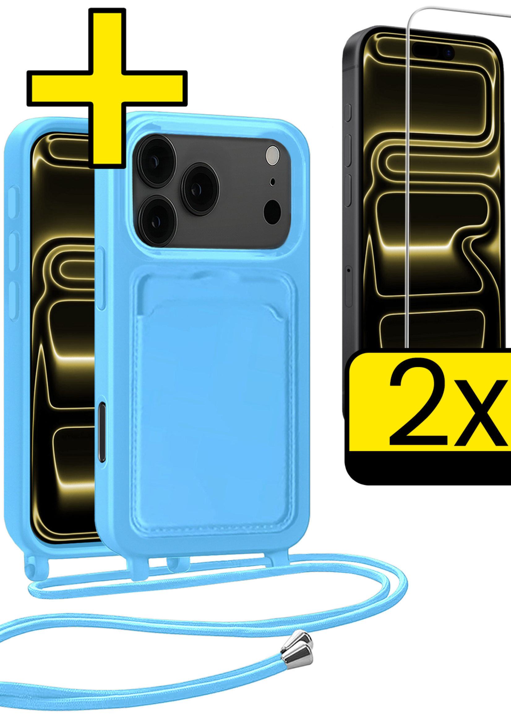 LUQ LUQ iPhone 17 Pro Max Hoesje Pashouder met Koord Met 2x Screenprotector - Lichtblauw