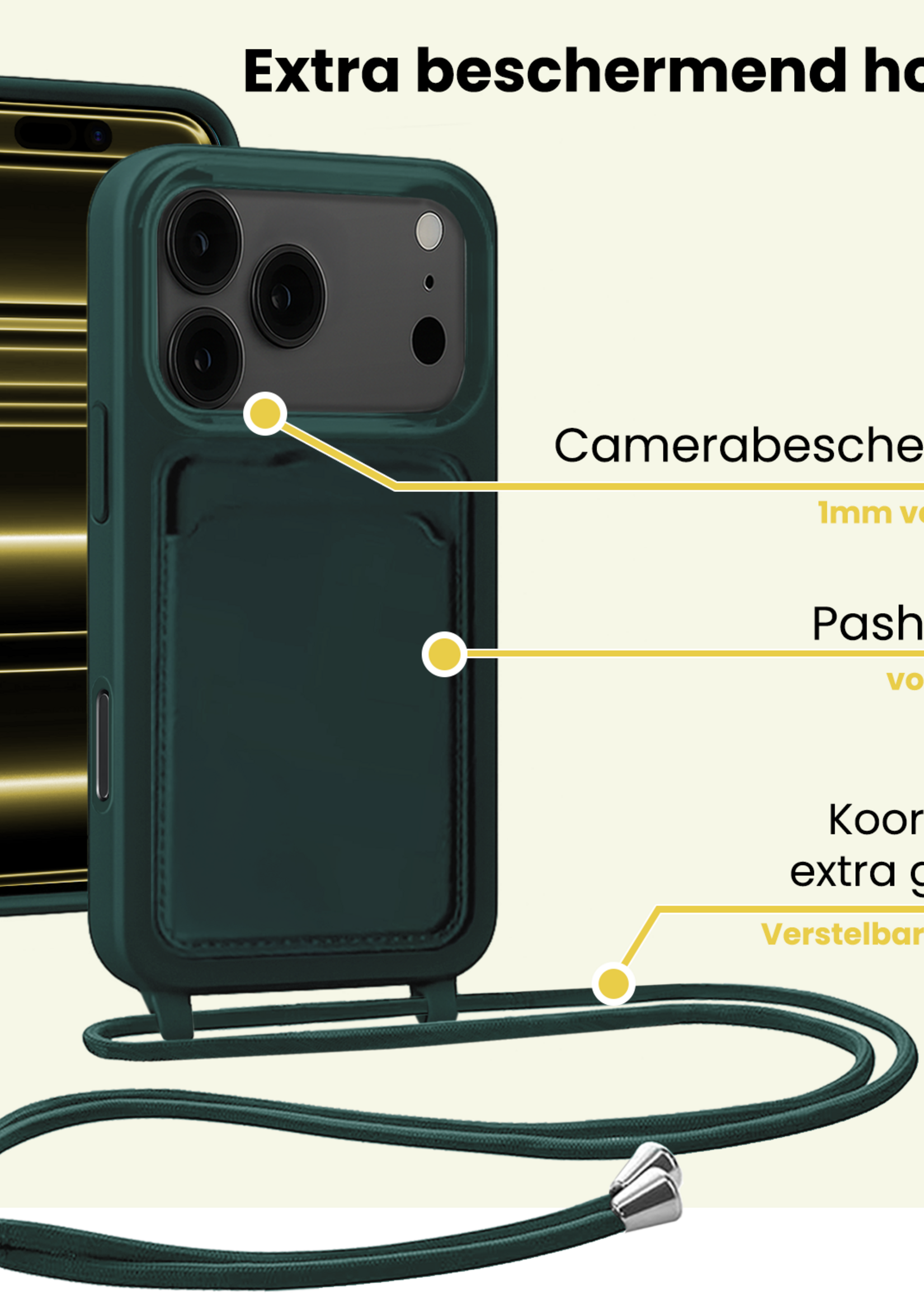 LUQ LUQ iPhone 17 Pro Hoesje Pashouder met Koord - Donkergroen - 2 PACK