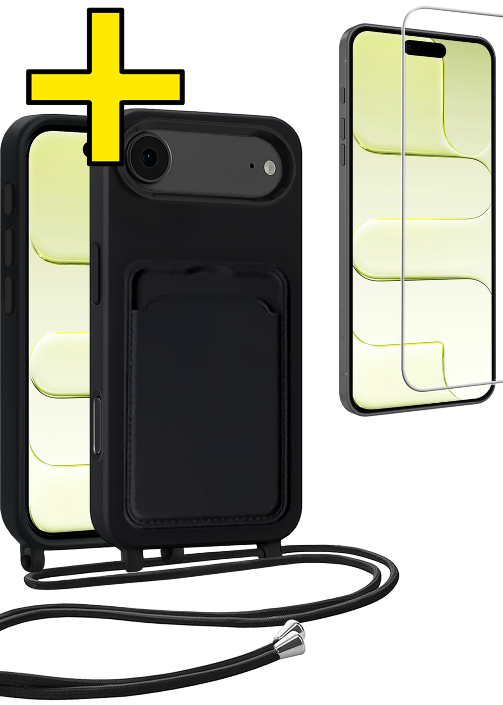 LUQ LUQ iPhone Air Hoesje Pashouder met Koord Met Screenprotector - Zwart