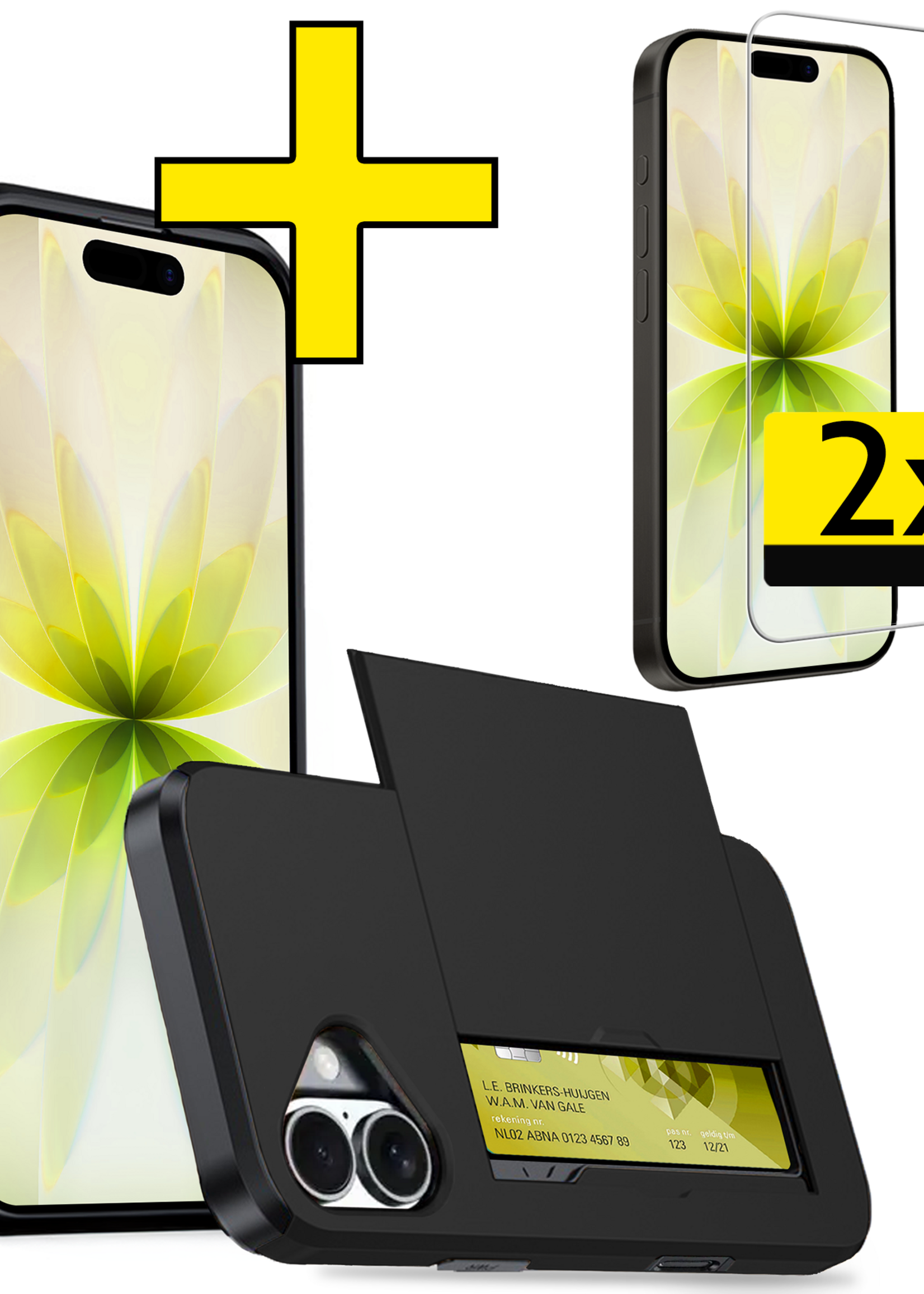 LUQ LUQ iPhone 17 Hoesje Pashouder Hard Met 2x Screenprotector - Zwart