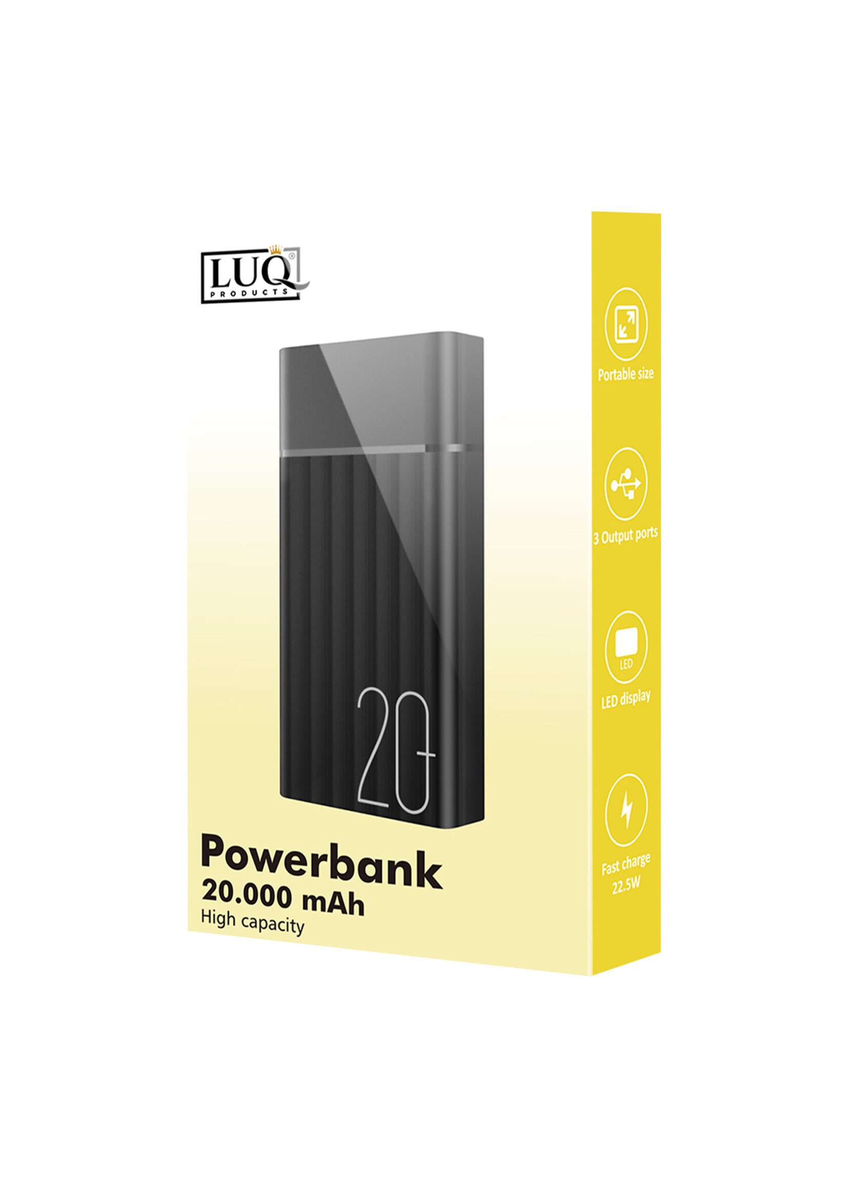 LUQ Powerbank 20000 mAh Universele Powerbanks – 22.5W USB 3.0 Snellader - Zwart