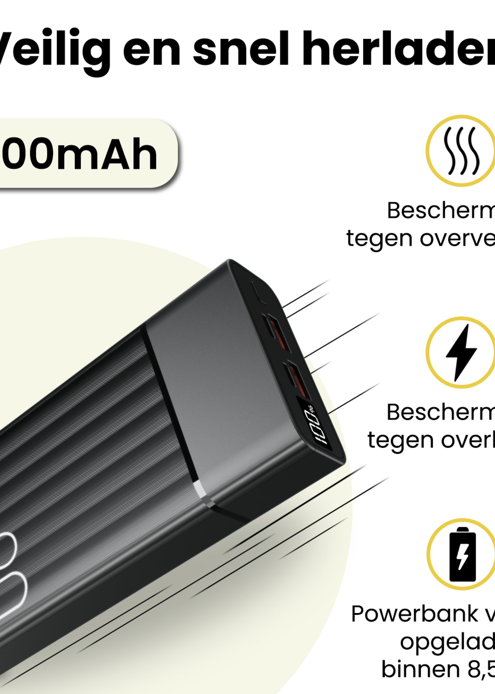 LUQ Powerbank 20000 mAh Universele Powerbanks – 22.5W USB 3.0 Snellader - Zwart