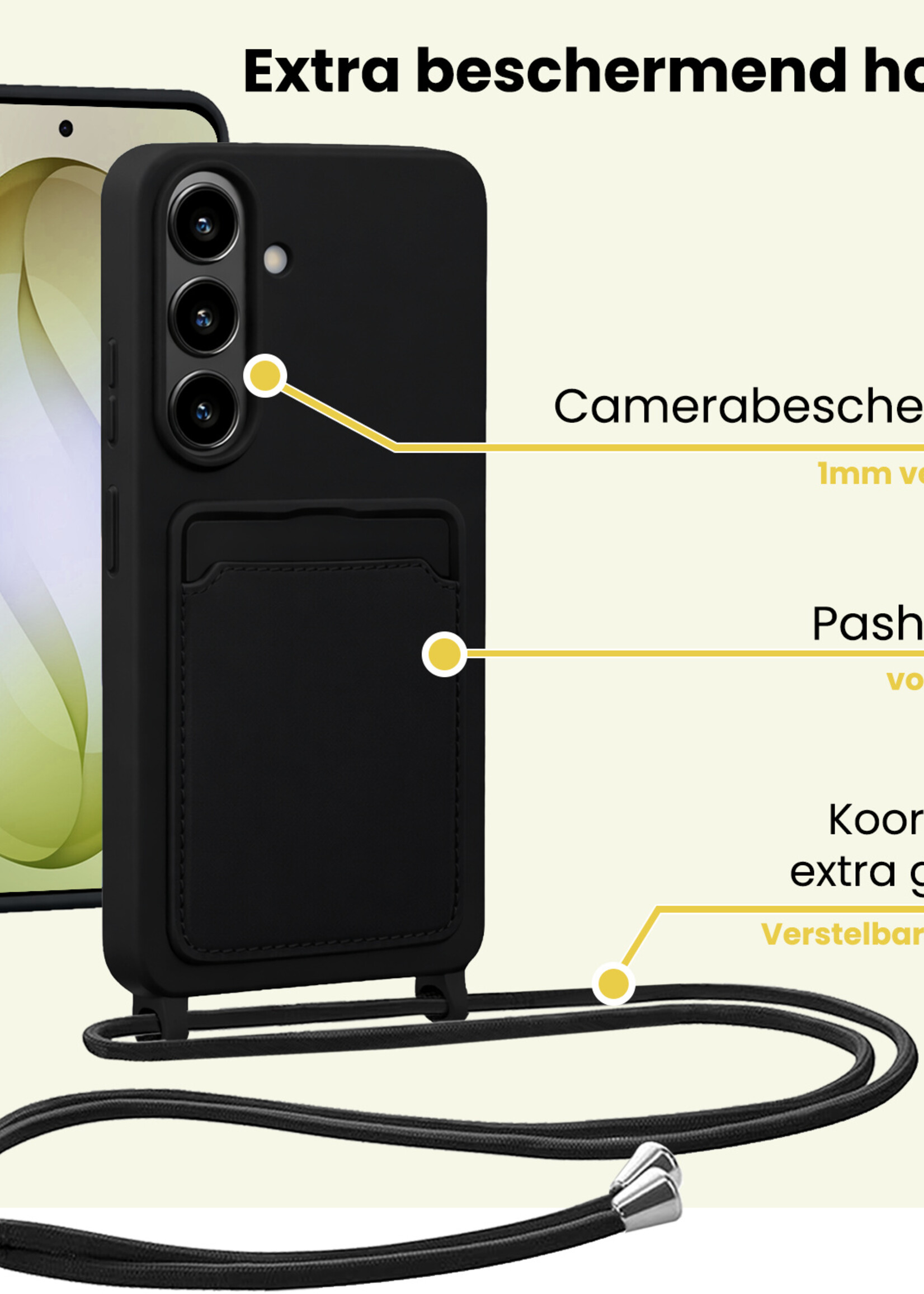 LUQ LUQ Samsung Galaxy S26 Hoesje Pashouder met Koord Met Screenprotector - Zwart