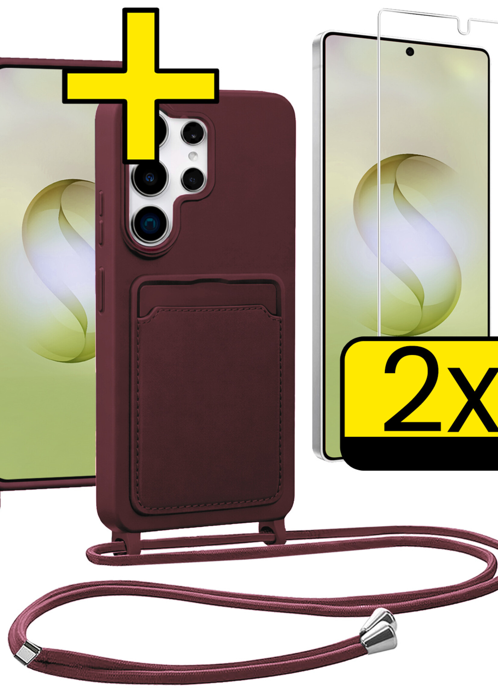 LUQ LUQ Samsung Galaxy S26 Ultra Hoesje Pashouder met Koord Met 2x Screenprotector - Aubergine