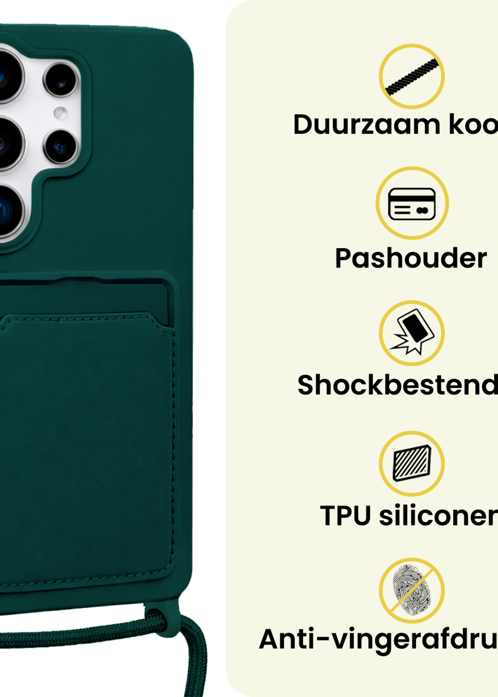 LUQ LUQ Samsung Galaxy S26 Ultra Hoesje Pashouder met Koord Met Screenprotector - Donkergroen