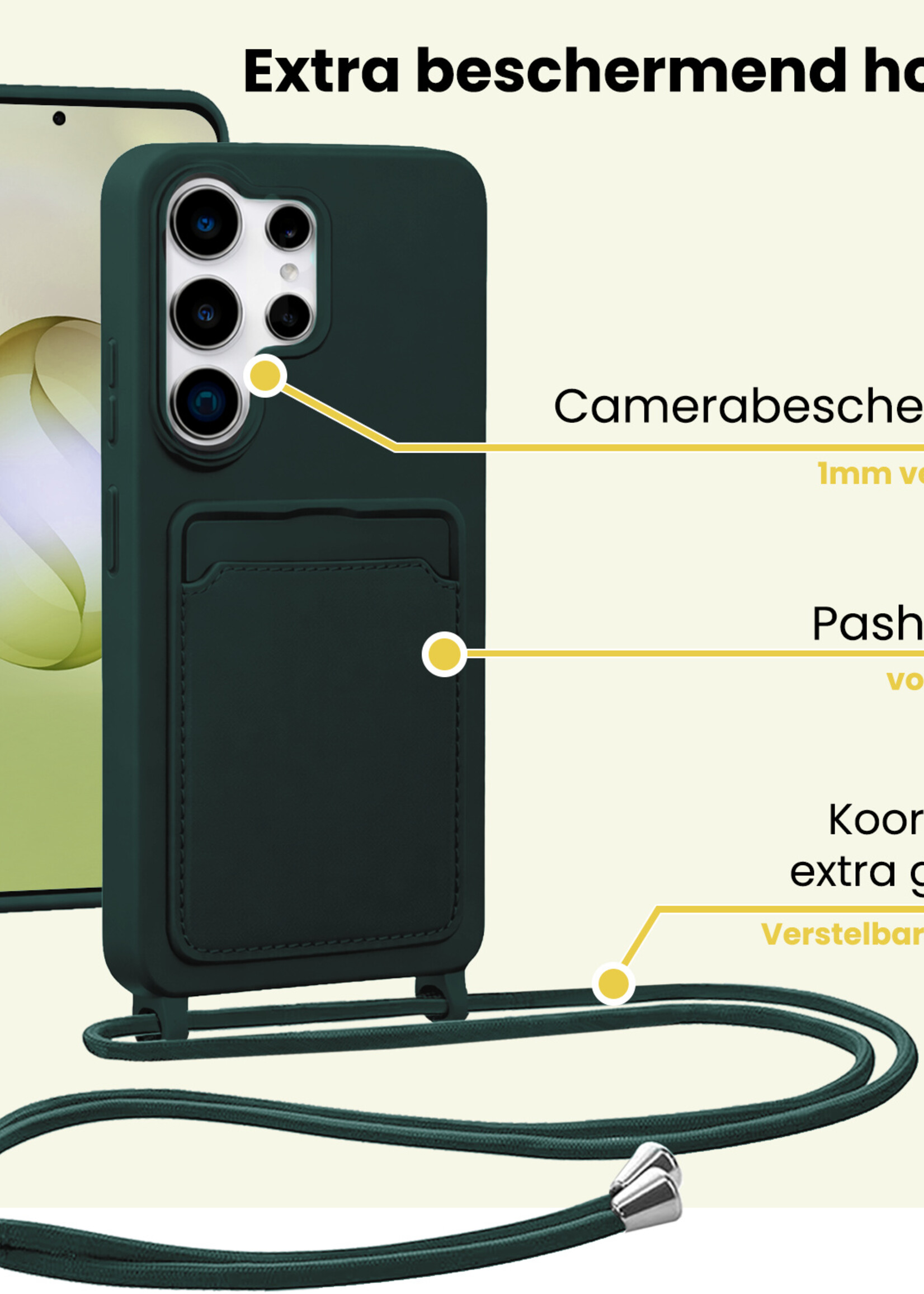 LUQ LUQ Samsung Galaxy S26 Ultra Hoesje Pashouder met Koord Met Screenprotector - Donkergroen