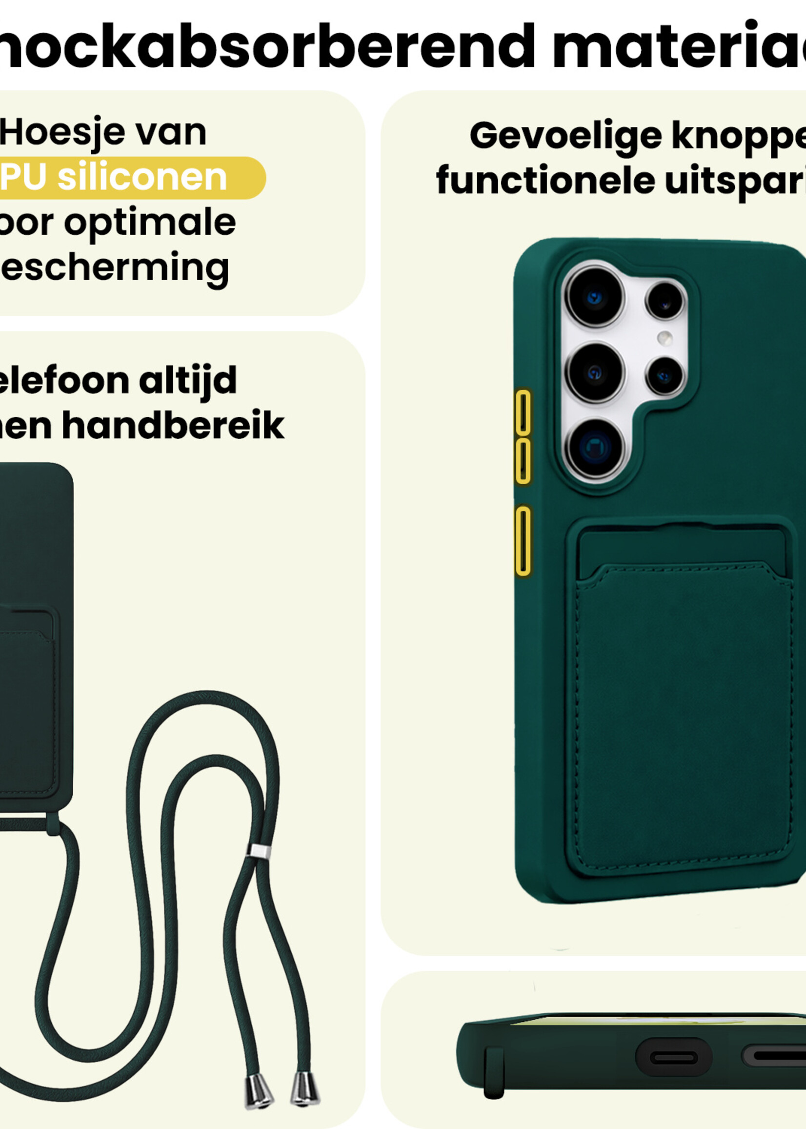 LUQ LUQ Samsung Galaxy S26 Ultra Hoesje Pashouder met Koord Met Screenprotector - Donkergroen