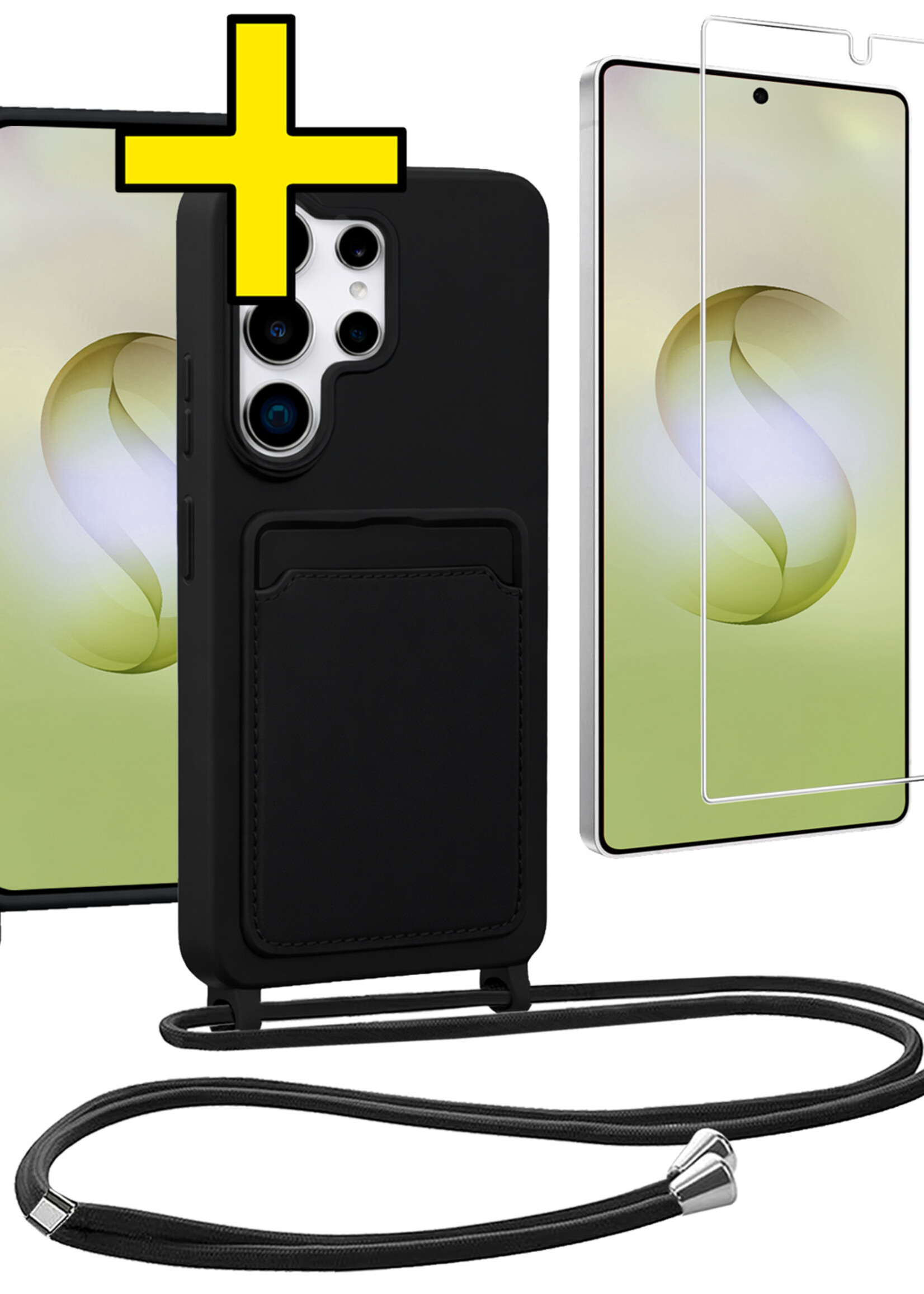 LUQ LUQ Samsung Galaxy S26 Ultra Hoesje Pashouder met Koord Met Screenprotector - Zwart