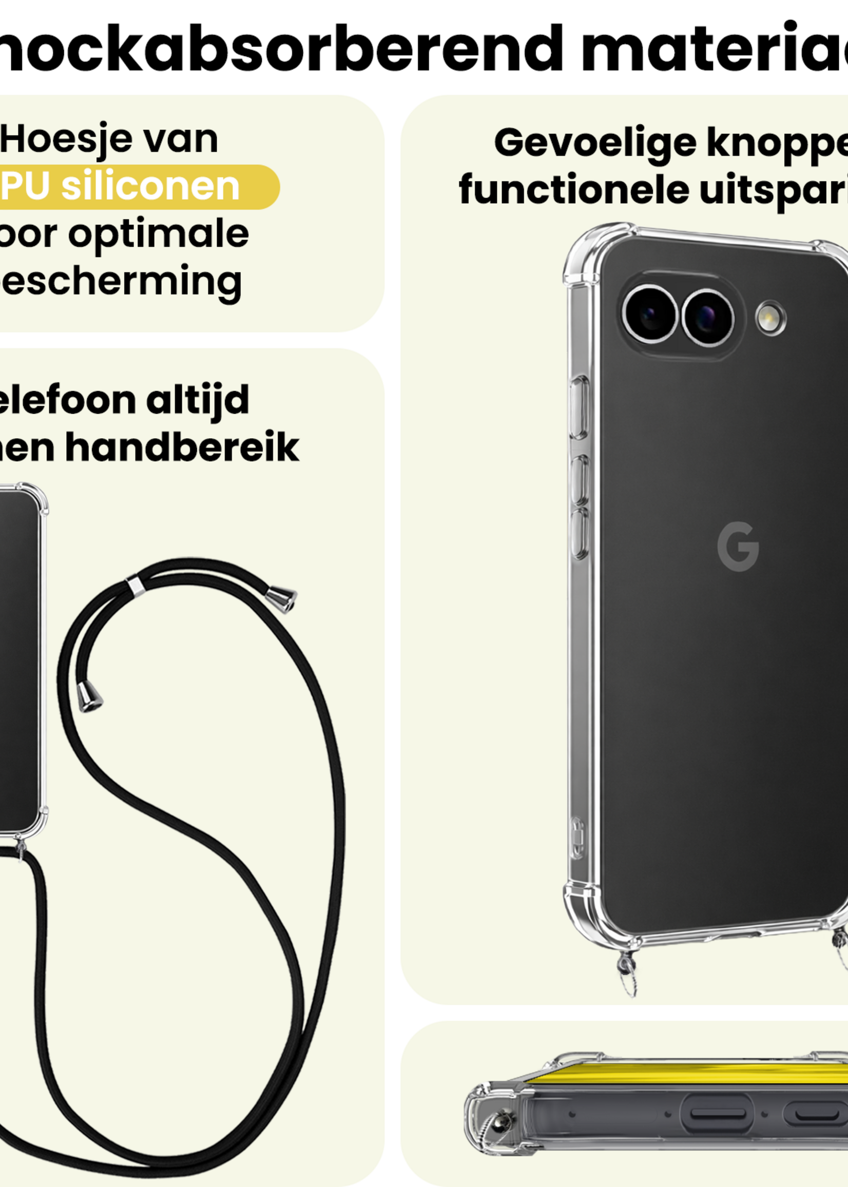 LUQ LUQ Google Pixel 9a Hoesje Transparant Shockproof Met Zwart Koord