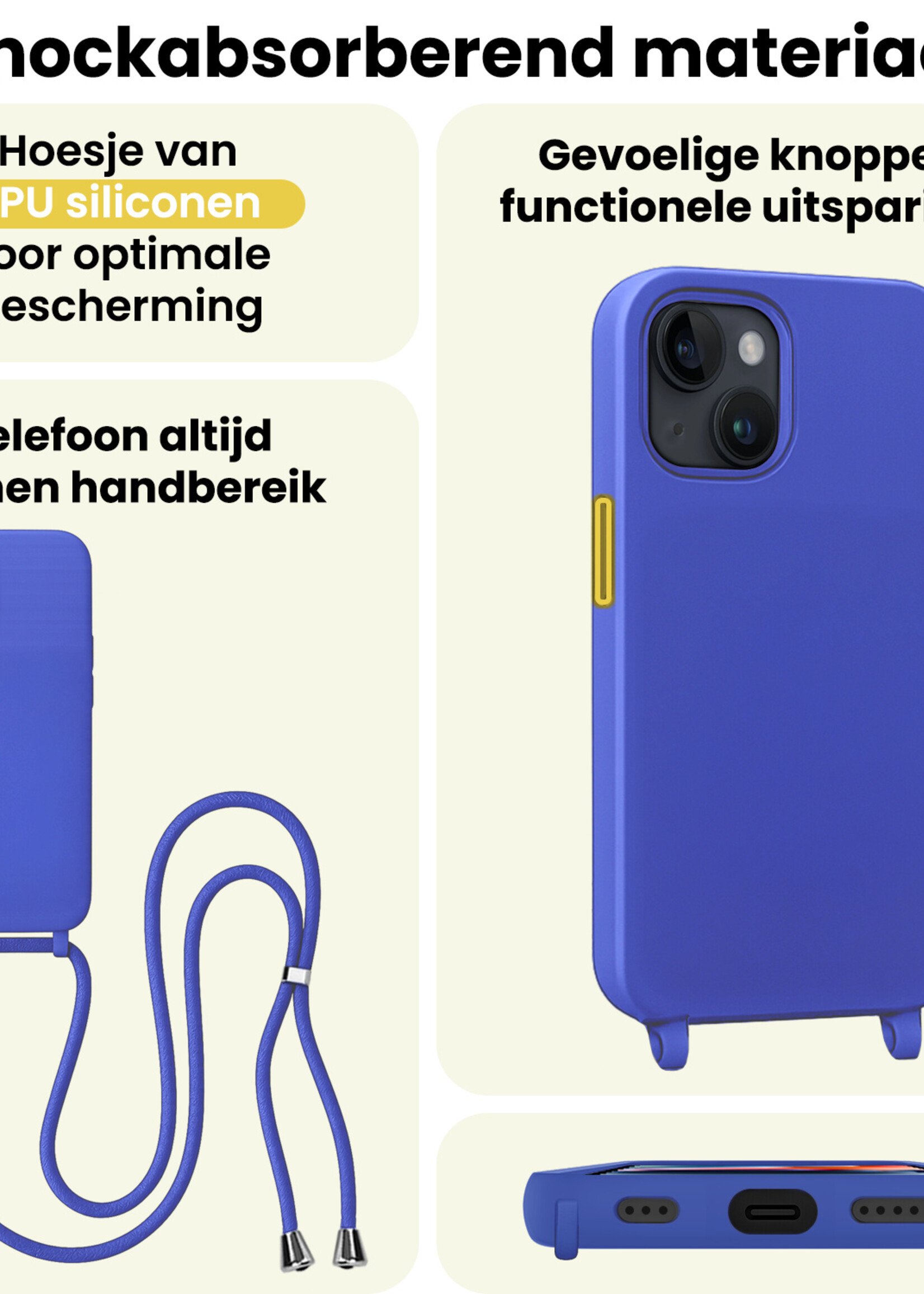 LUQ LUQ iPhone 13 Mini Hoesje Met Koord Met 2x Screenprotector - Fel Blauw
