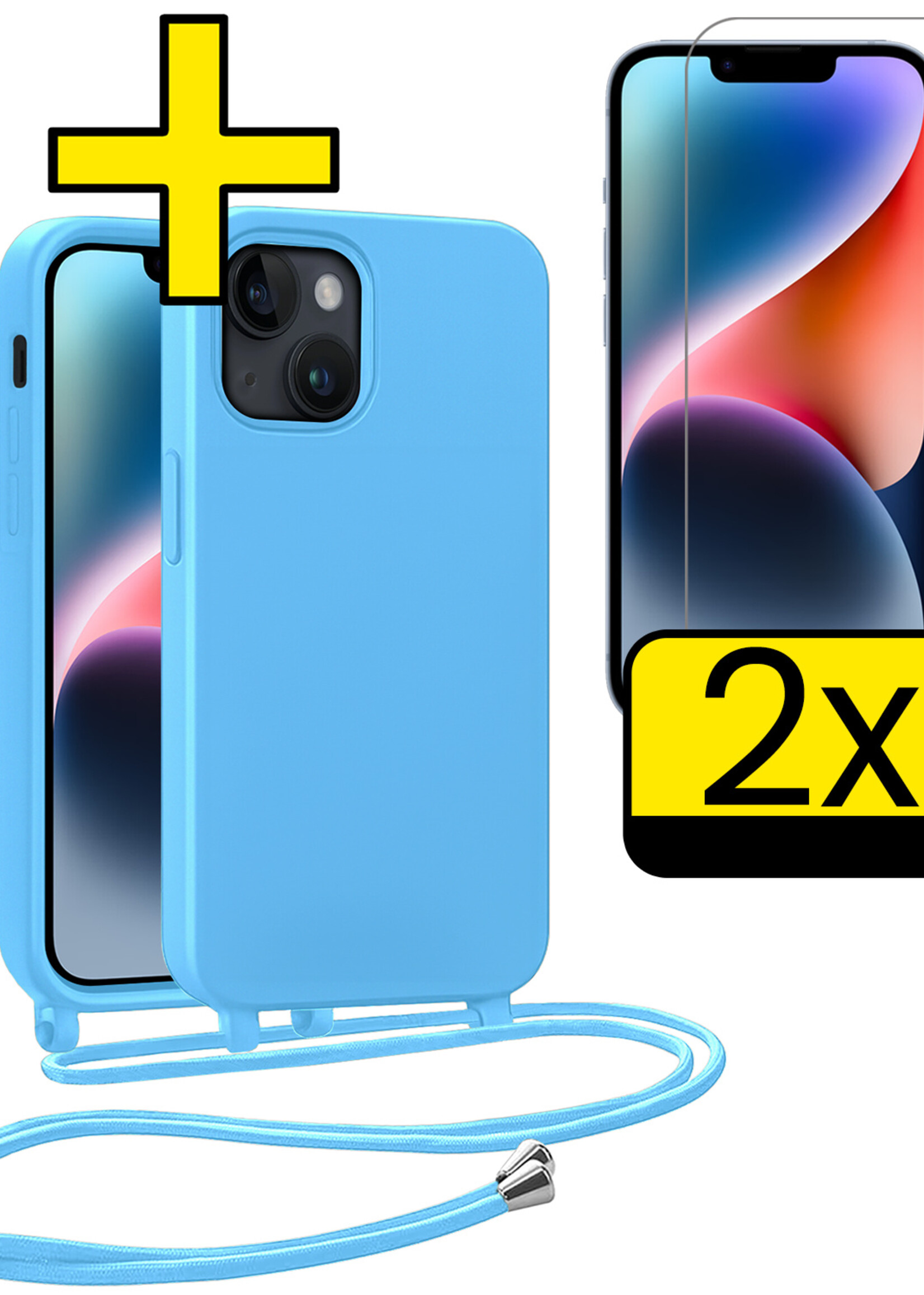 LUQ LUQ iPhone 13 Mini Hoesje Met Koord Met 2x Screenprotector - Lichtblauw