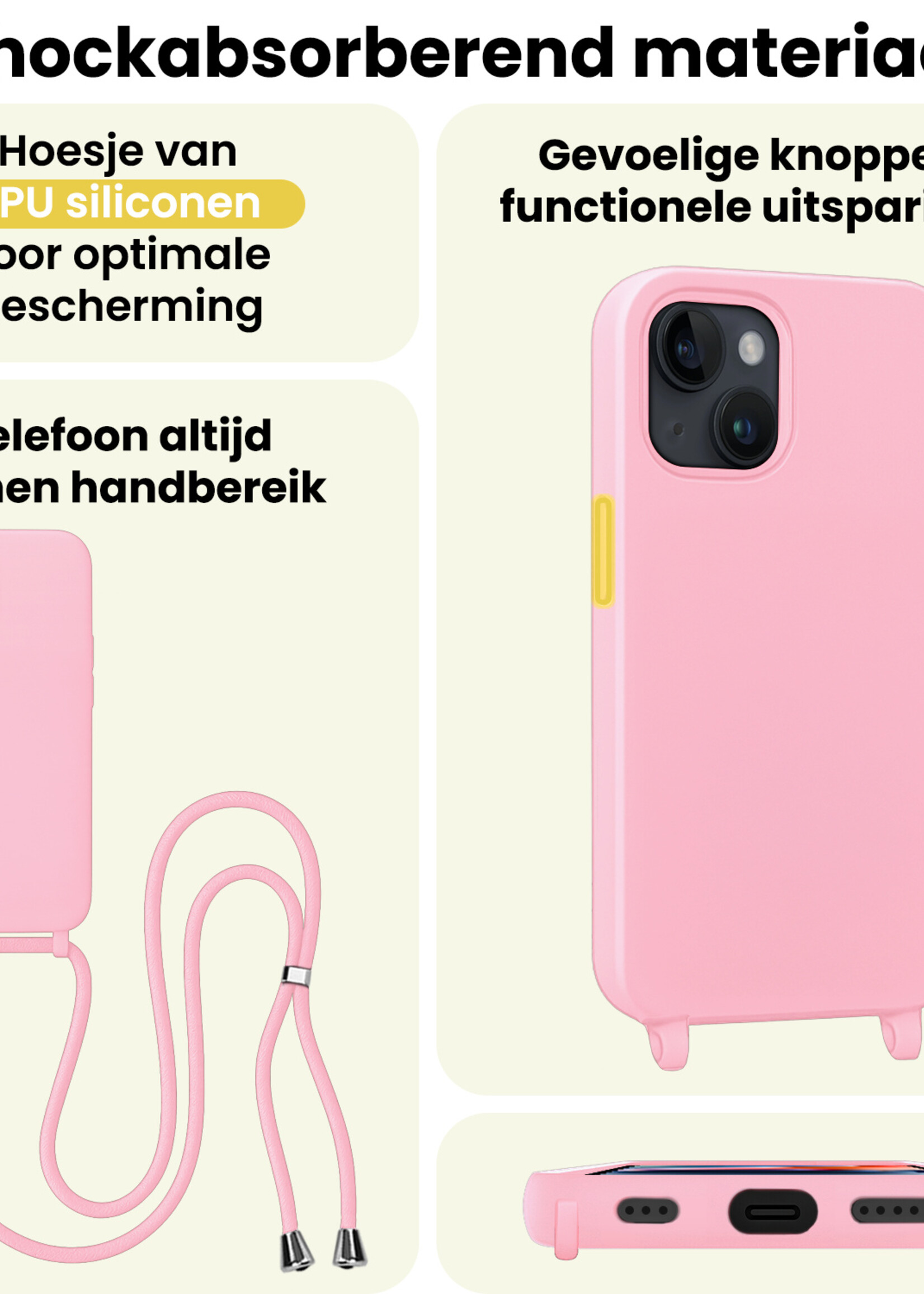 LUQ LUQ iPhone 13 Mini Hoesje Met Koord Met 2x Screenprotector - Lichtroze