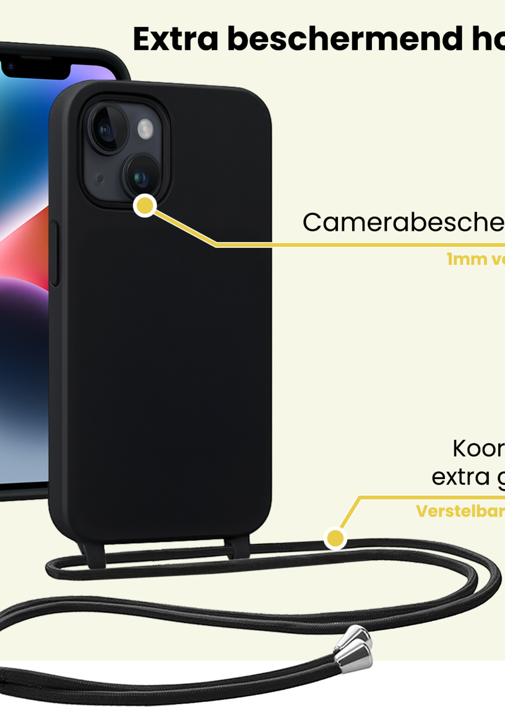 LUQ LUQ iPhone 13 Mini Hoesje Met Koord Met Screenprotector - Zwart