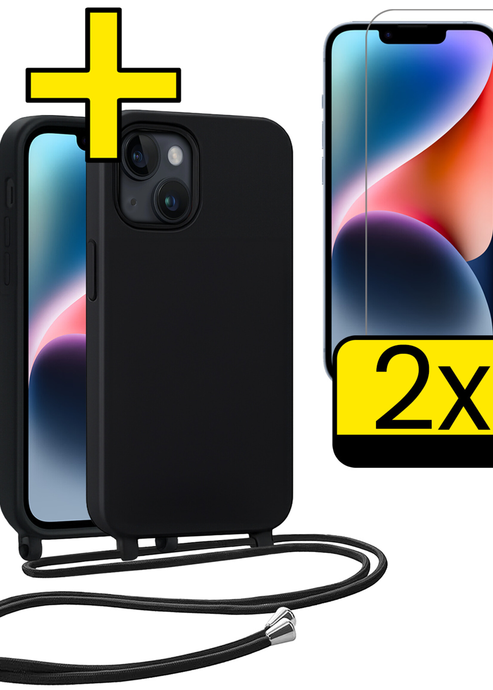 LUQ LUQ iPhone 13 Mini Hoesje Met Koord Met 2x Screenprotector - Zwart
