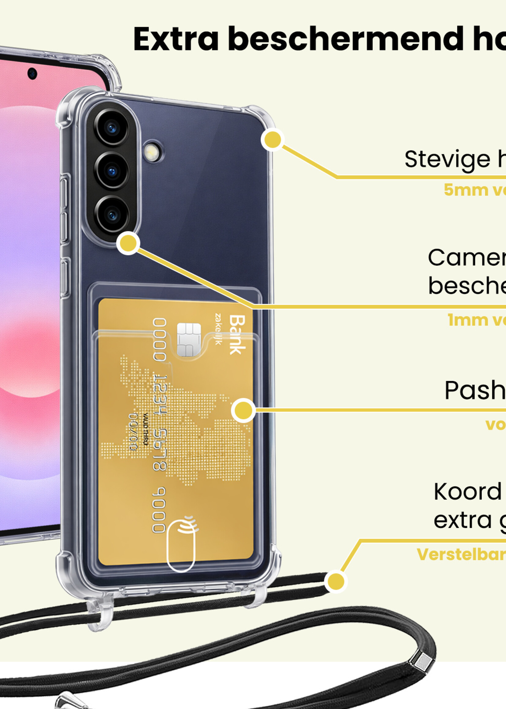 LUQ LUQ Samsung Galaxy A37 Hoesje Pashouder met Koord Met Screenprotector