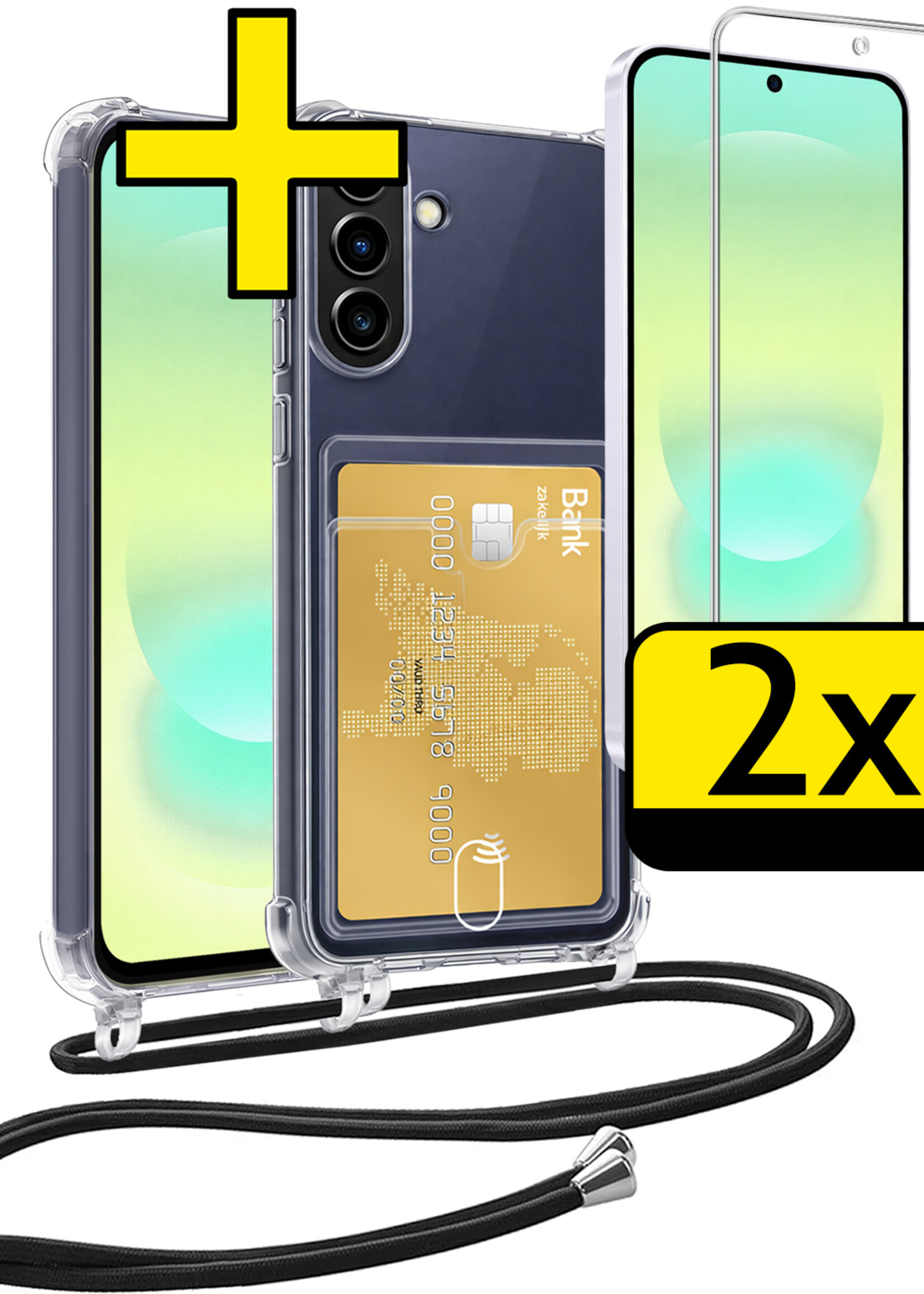 LUQ LUQ Samsung Galaxy A37 Hoesje Pashouder met Koord Met 2x Screenprotector
