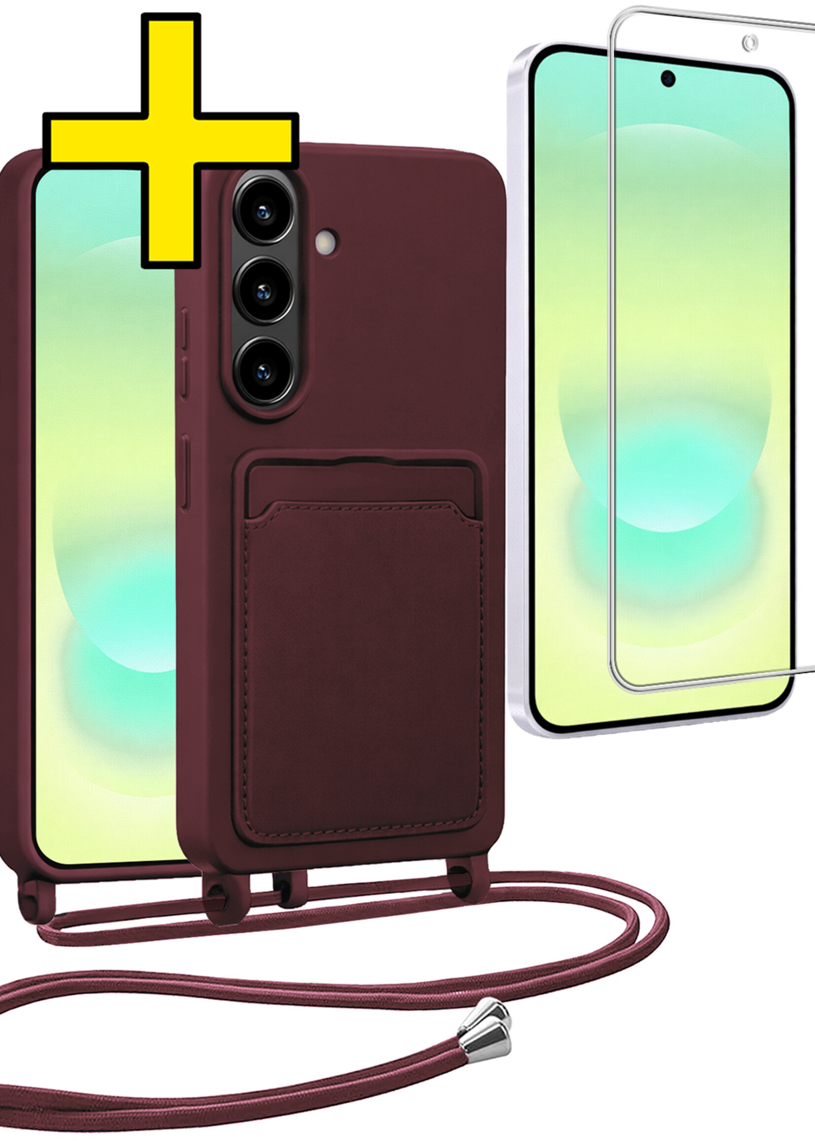 LUQ LUQ Samsung Galaxy A37 Hoesje Pashouder met Koord Met Screenprotector - Aubergine