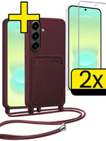 LUQ LUQ Samsung Galaxy A37 Hoesje Pashouder met Koord Met 2x Screenprotector - Aubergine