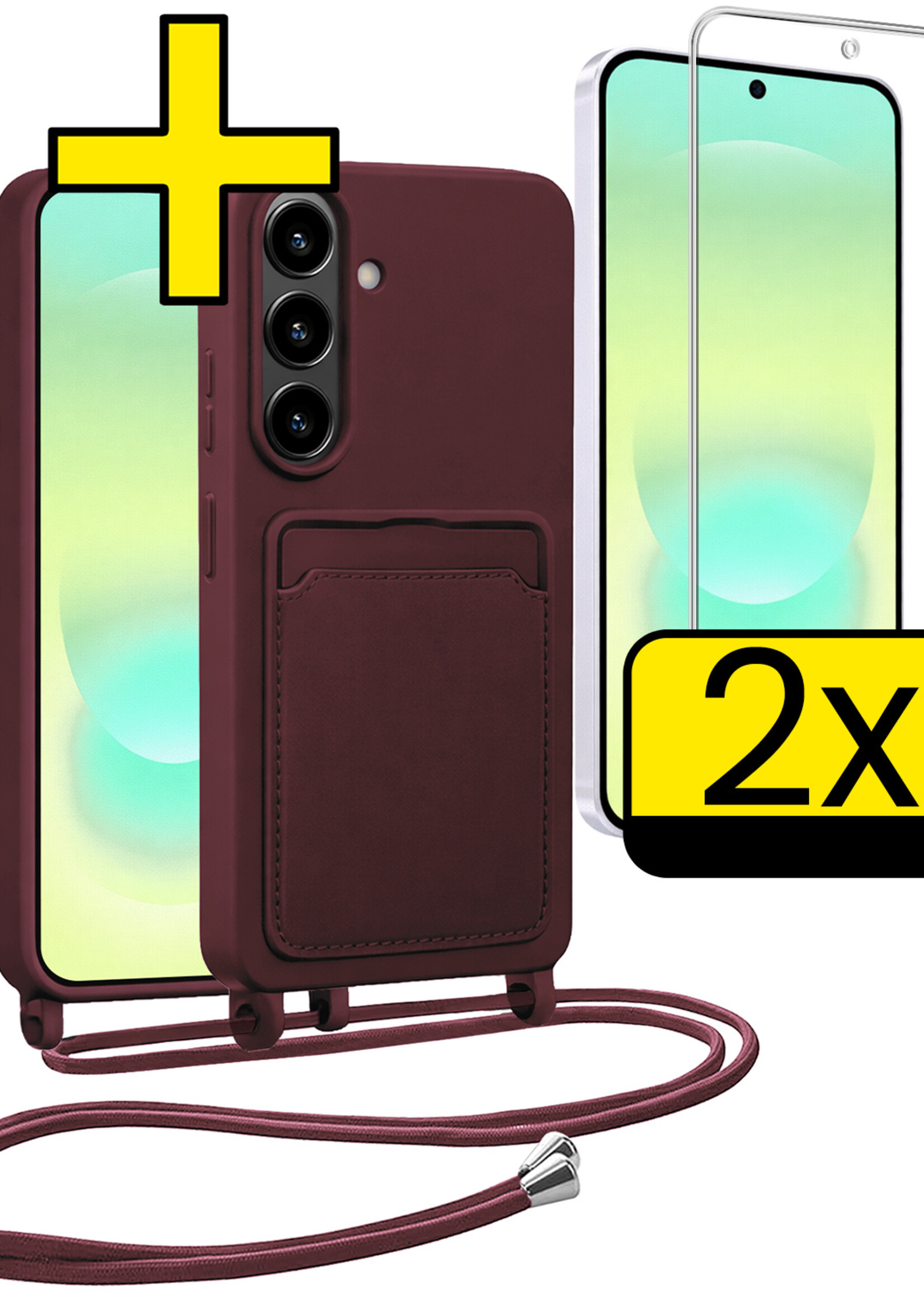 LUQ LUQ Samsung Galaxy A37 Hoesje Pashouder met Koord Met 2x Screenprotector - Aubergine