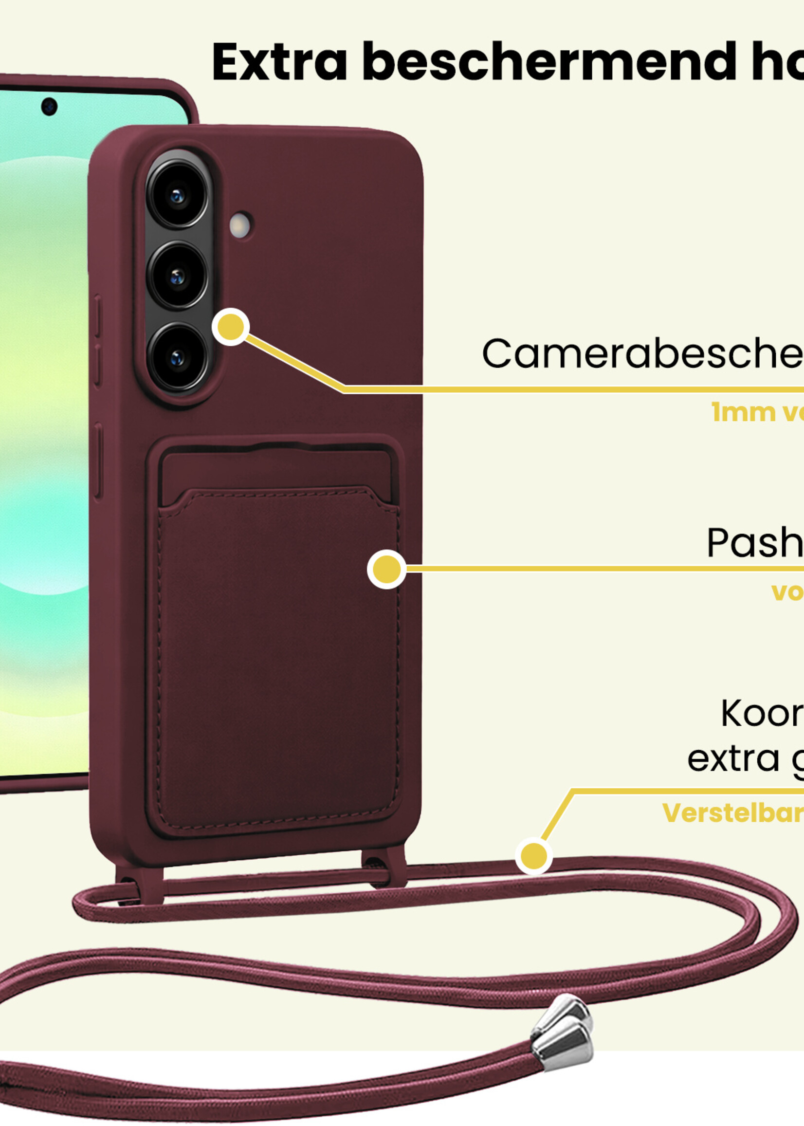 LUQ LUQ Samsung Galaxy A37 Hoesje Pashouder met Koord Met 2x Screenprotector - Aubergine