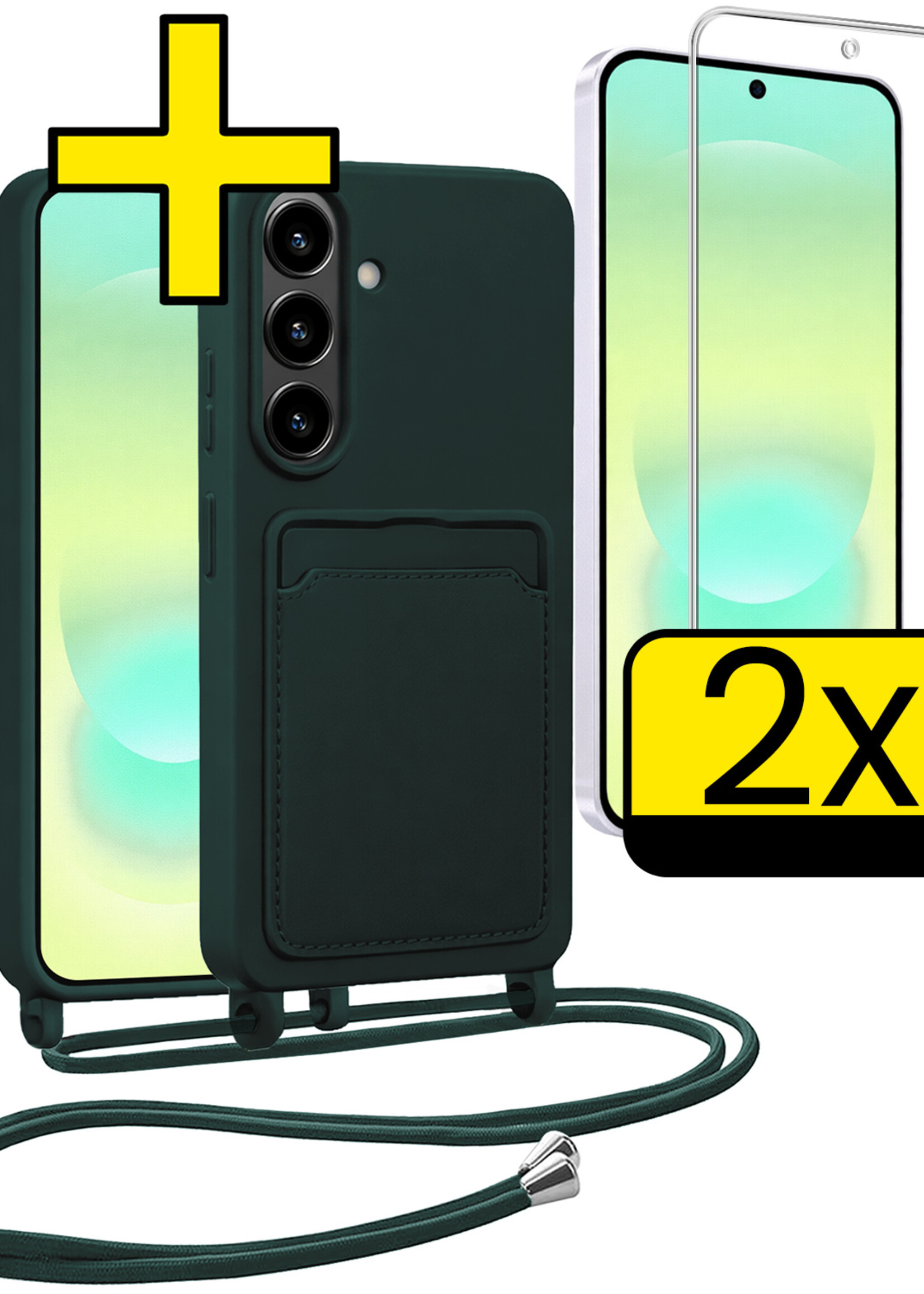 LUQ LUQ Samsung Galaxy A37 Hoesje Pashouder met Koord Met 2x Screenprotector - Donkergroen