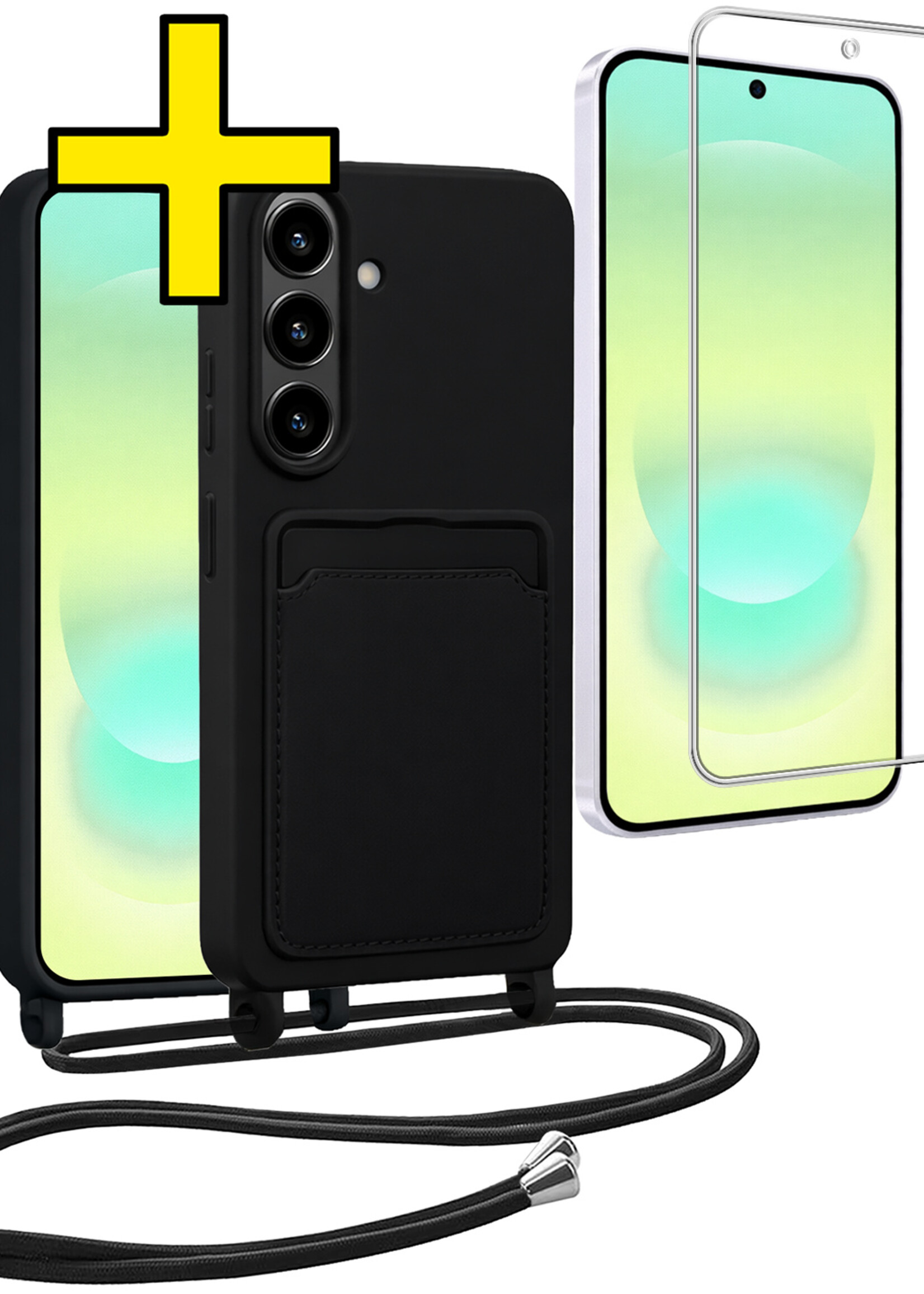 LUQ LUQ Samsung Galaxy A37 Hoesje Pashouder met Koord Met Screenprotector - Zwart