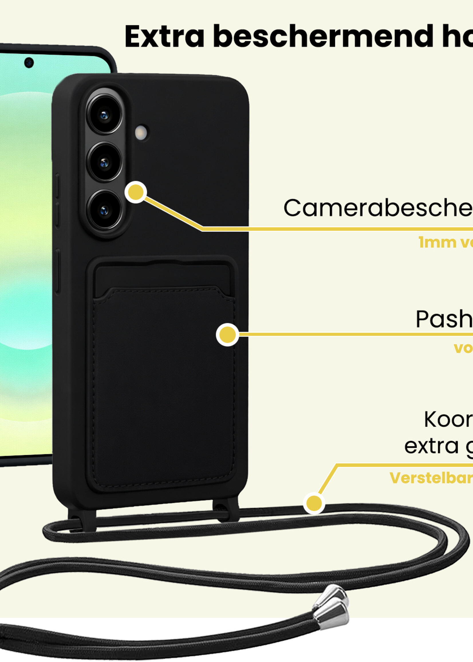 LUQ LUQ Samsung Galaxy A37 Hoesje Pashouder met Koord Met Screenprotector - Zwart